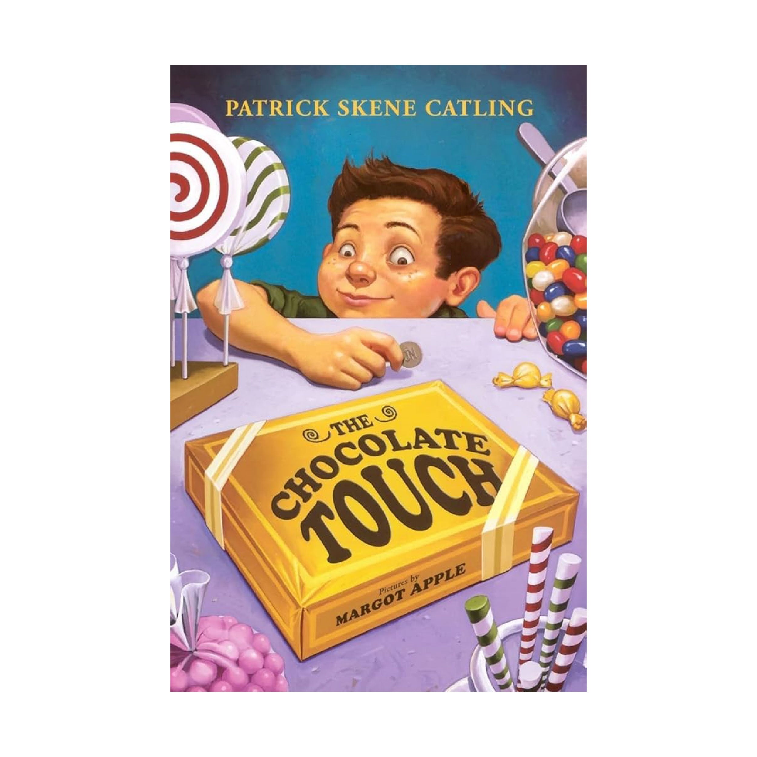 An illustrated book cover of a boy holding a coin and looking over a counter at a golden box labeled "The Chocolate Touch" with other candy surrounding the box | The Good and the Beautiful