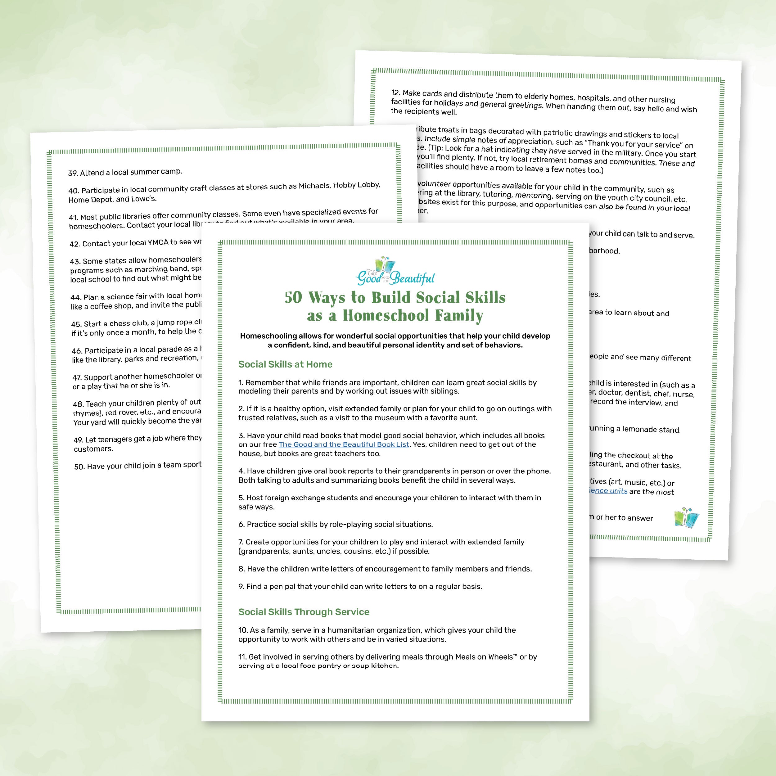 Sample pages of the "50 Ways to Build Social Skills as a Homeschool Family" pdf | The Good and the Beautiful