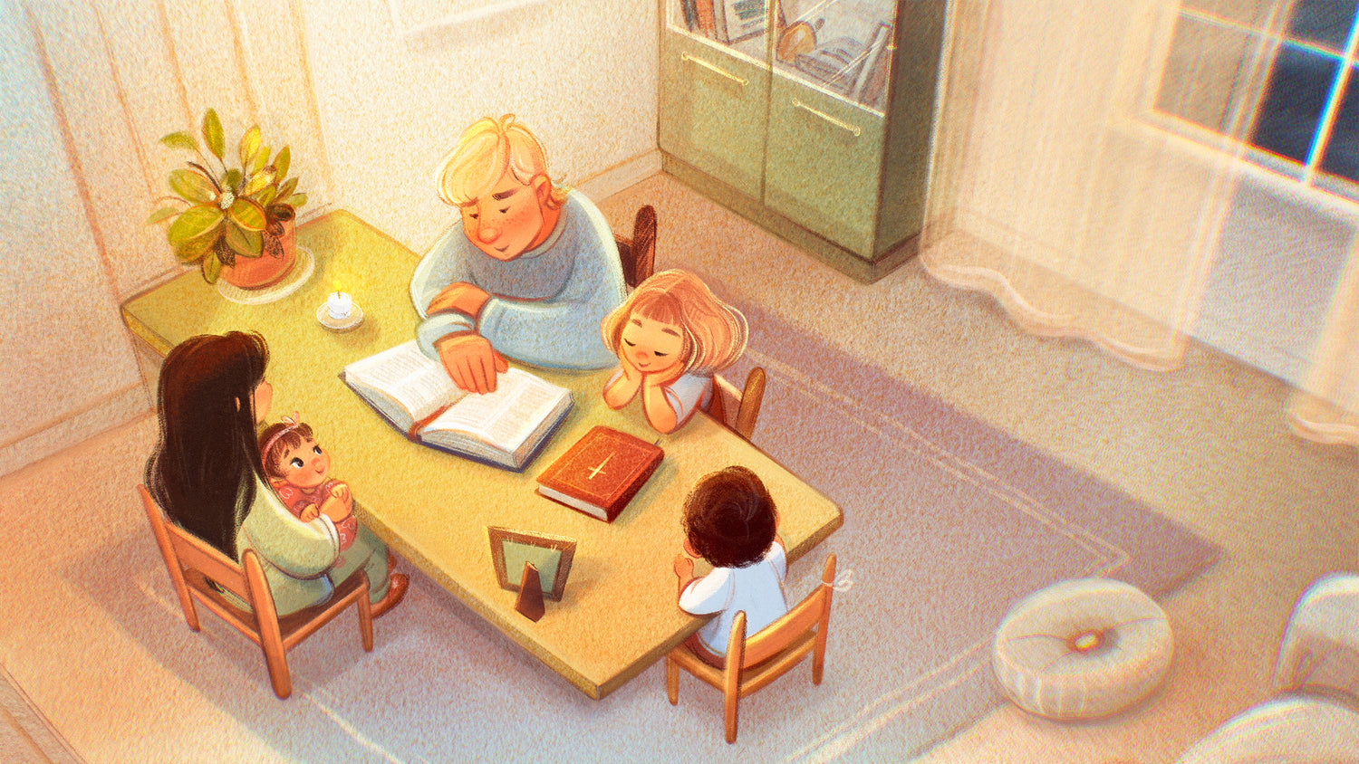 An illustrated image of a family of five sitting at a table together while the dad reads his bible out loud | The Good and the Beautiful