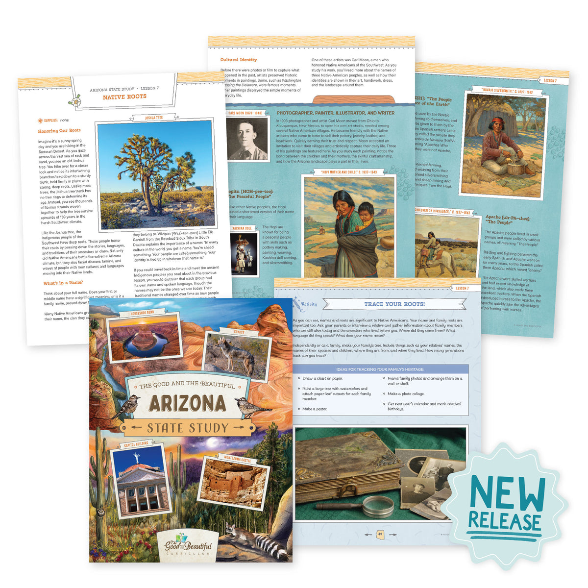 A collage of the Arizona State Study cover and sample pages with a "New Release" sticker | The Good and the Beautiful