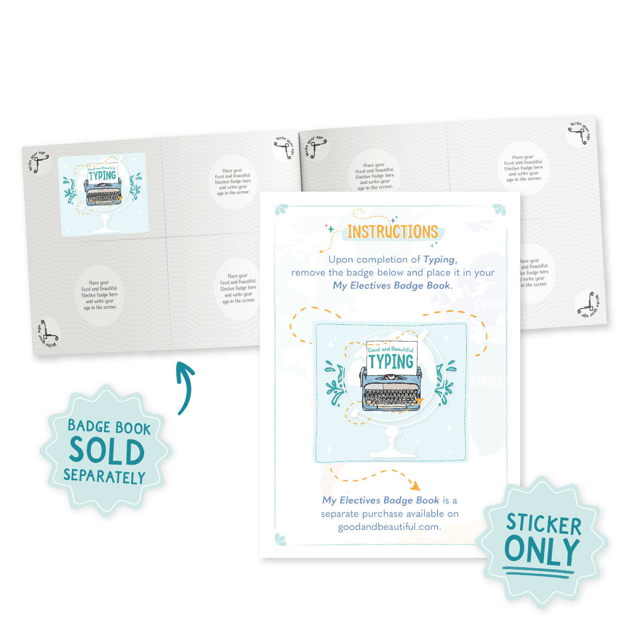A badge book postcard and an open badge book with sticker that say, "Badge Book Sold Separately" and "Sticker Only" | The Good and the Beautiful