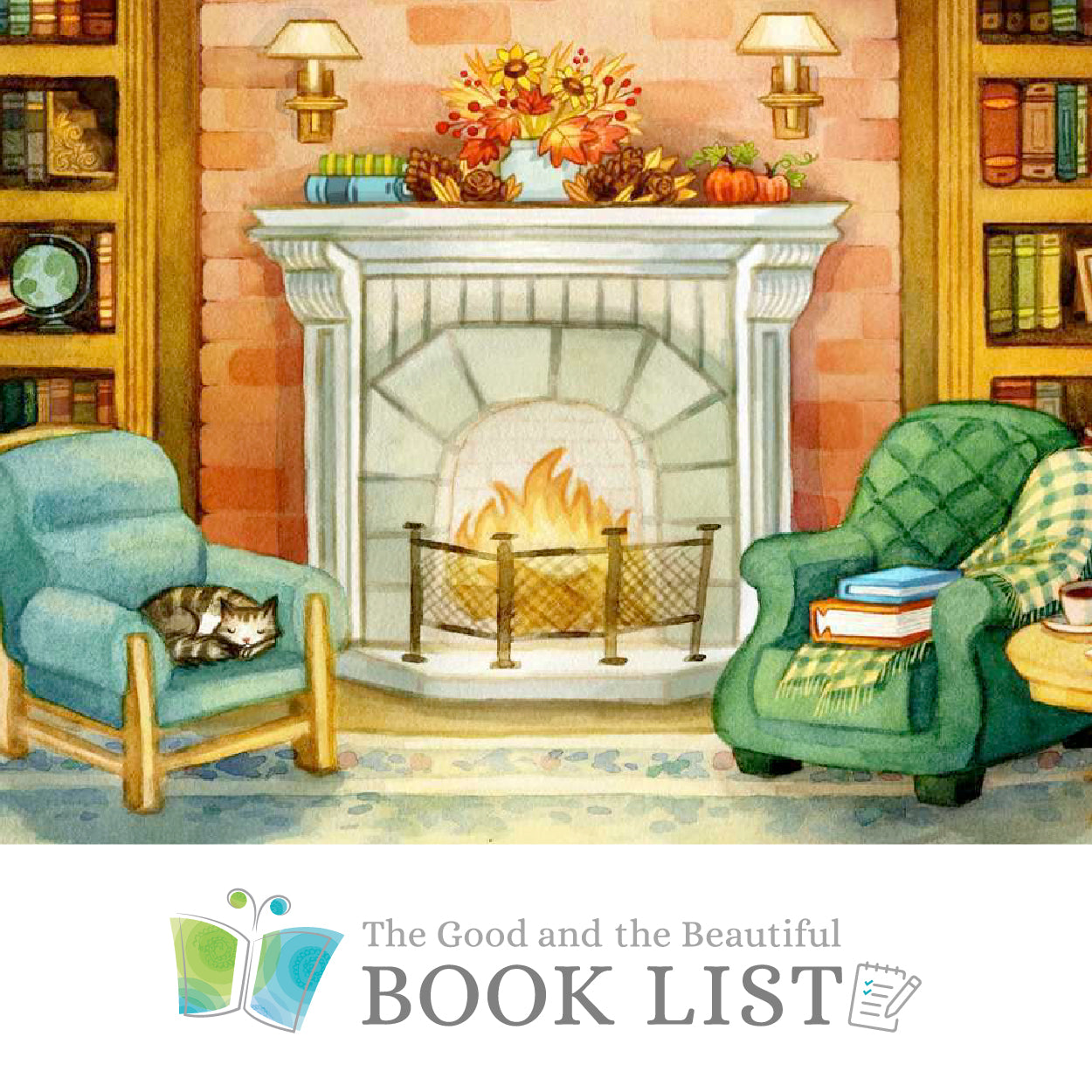 An illustrated image of a fireplace with chairs and bookshelves with The Good and the Beautiful Book List logo | The Good and the Beautiful