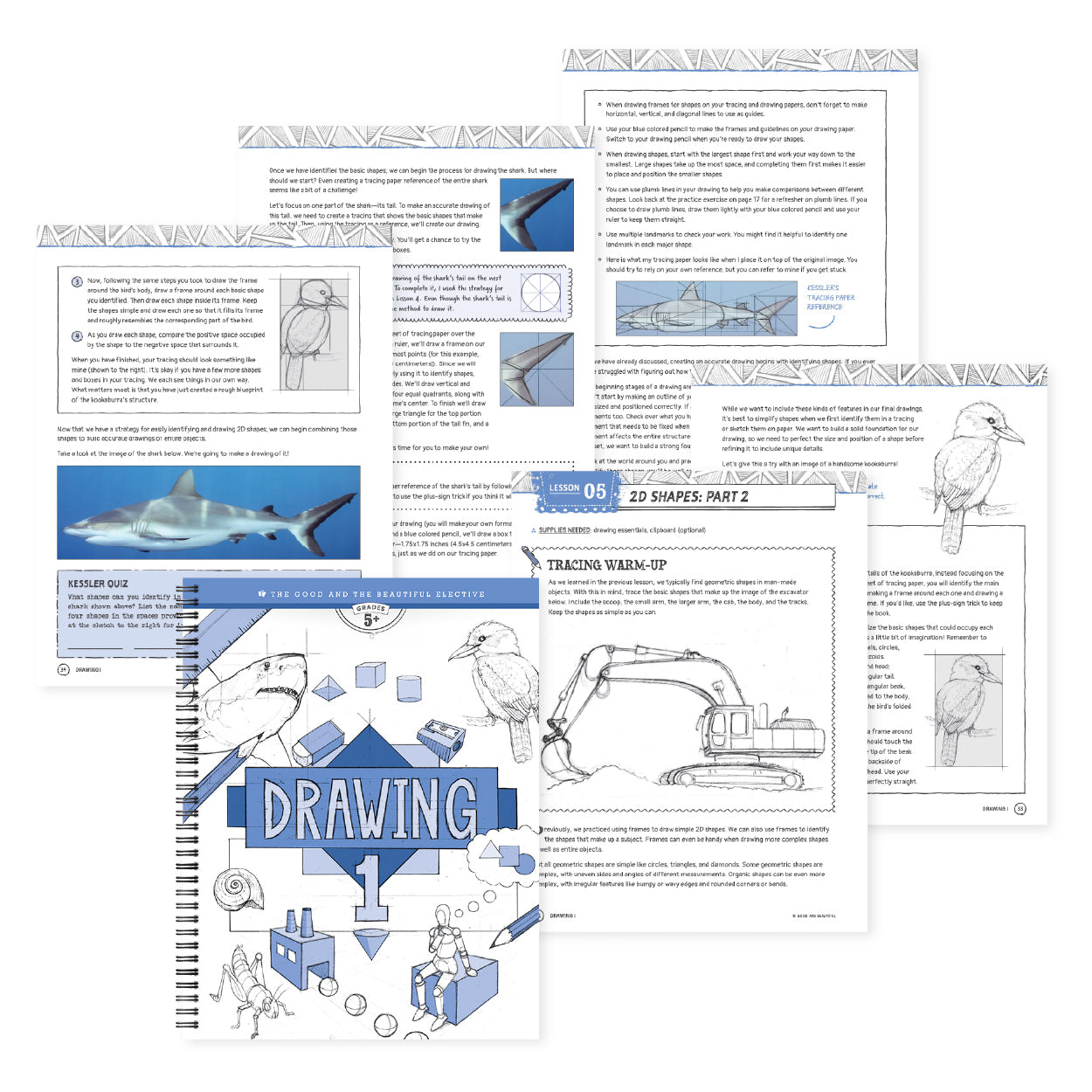 A collage of the Drawing 1 course cover and lesson pages | The Good and the Beautiful