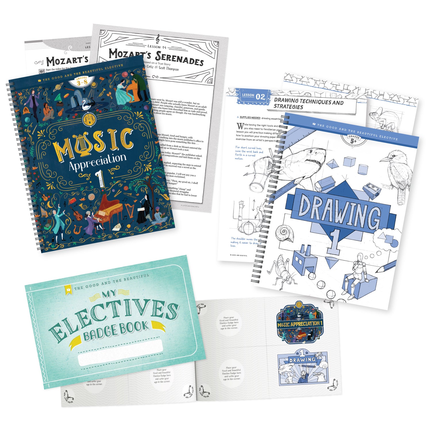 A collage of the elective books including Music Appreciation 1, Drawing 1, and My Electives Badge Book | The Good and the Beautiful