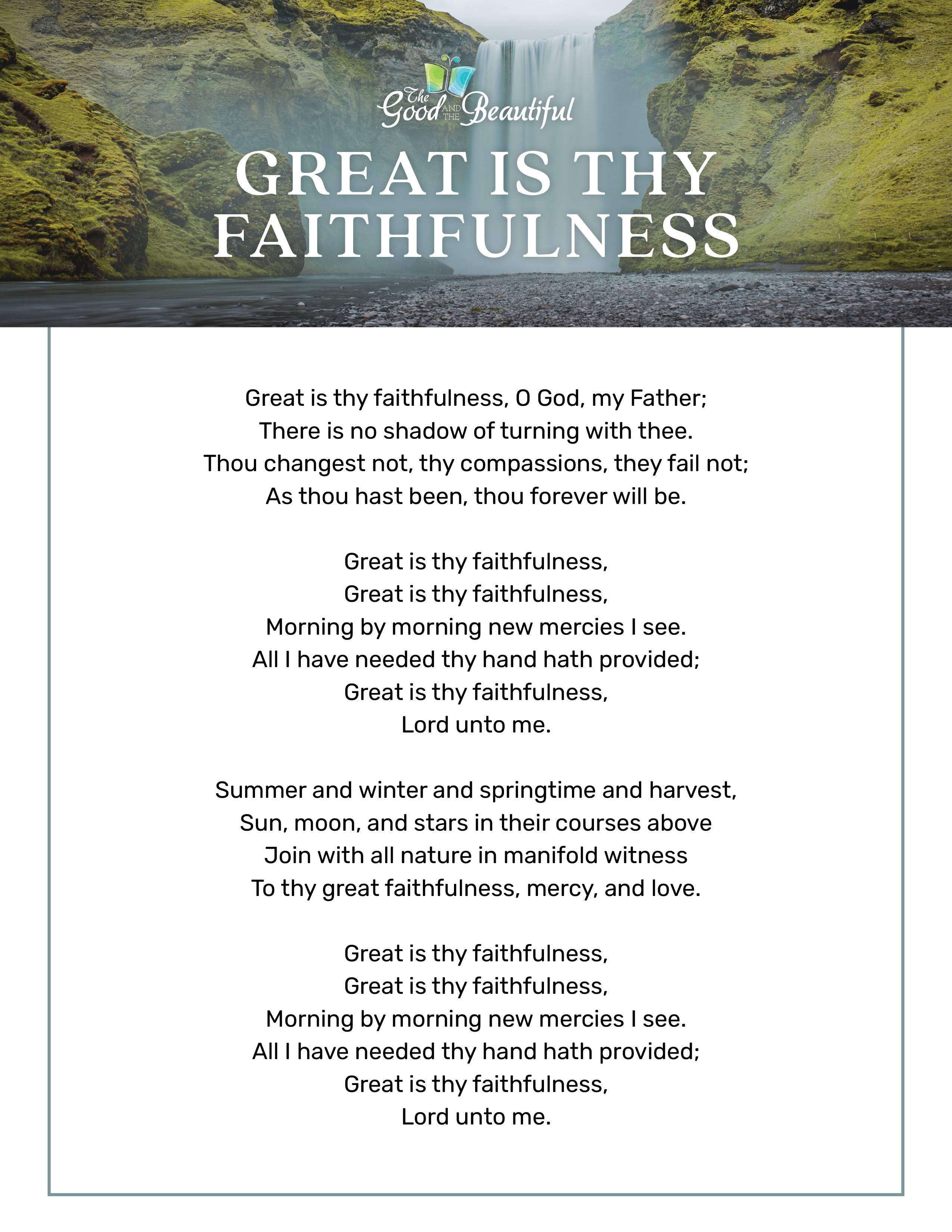 The printable lyrics to the song "Great is Thy Faithfulness" | The Good and the Beautiful