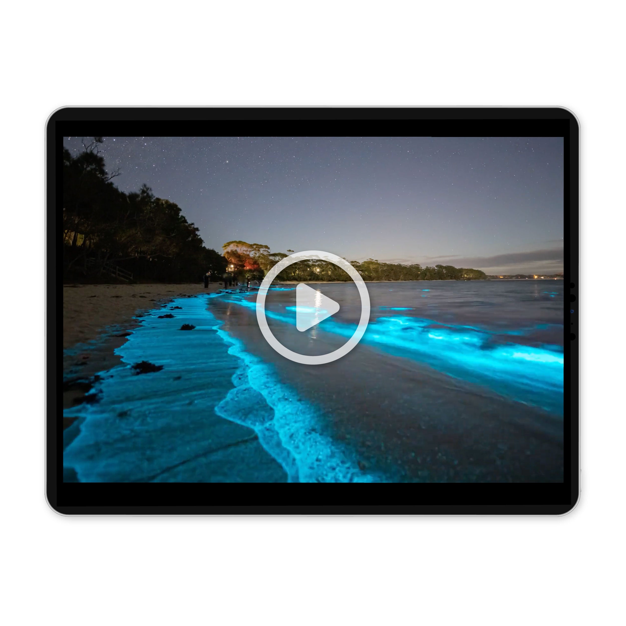 An image of a beach at night with blue glowing water and a starry sky shown on a tablet with a play button in the middle | The Good and the Beautiful