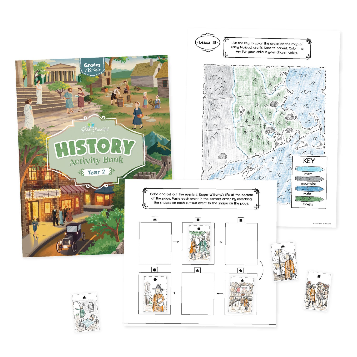 History Activity Book Year 2 and inside pages showing two activities | The Good and the Beautiful