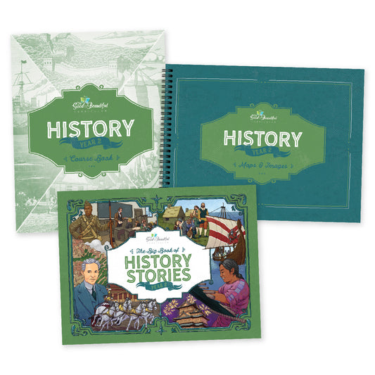 A collage of the History Year 2 course books | The Good and the Beautiful