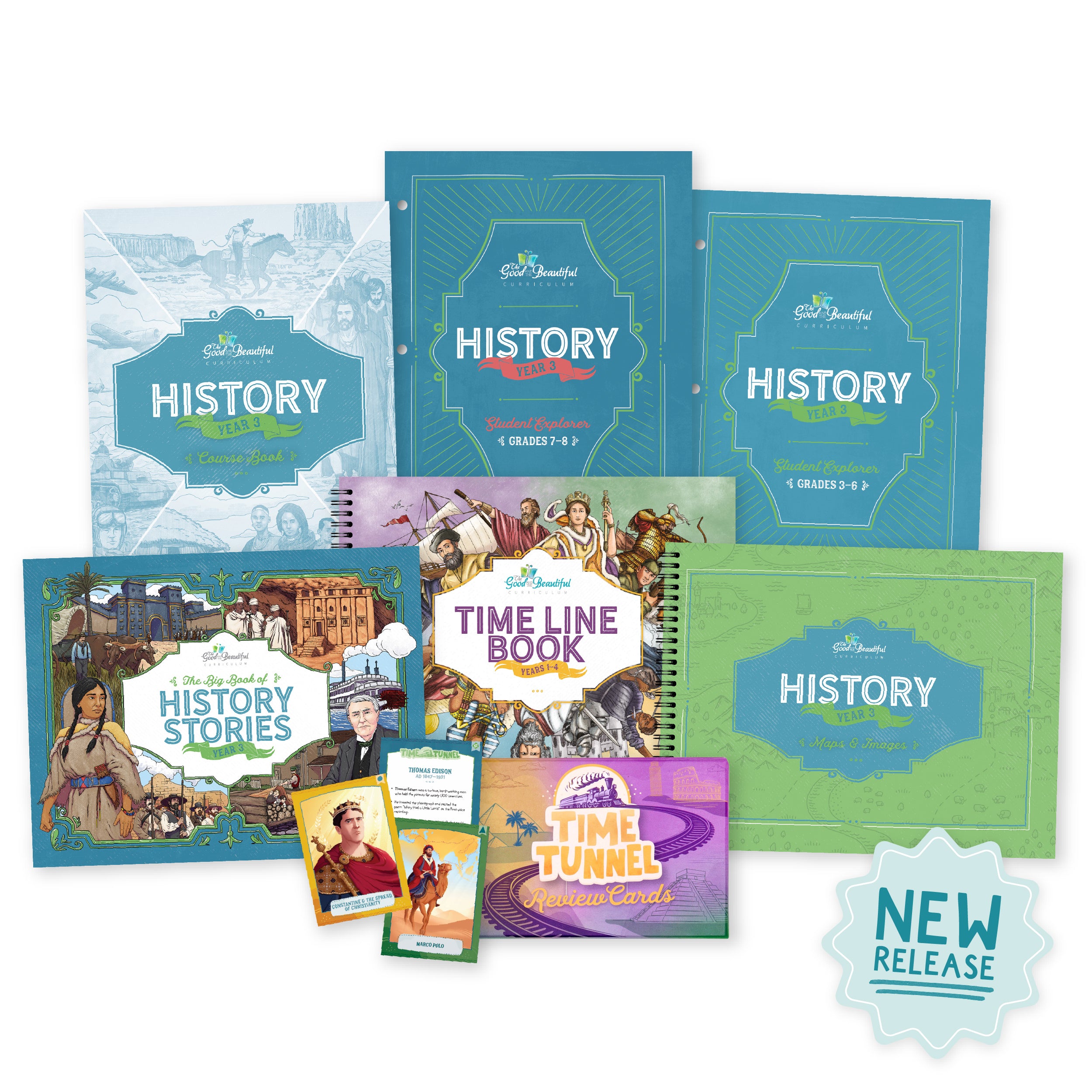 A collage of the complete History Year 3 course set with the sticker that says "New Release" | The Good and the Beautiful