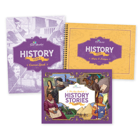 A collage of the History year 1 course books | The Good and the Beautiful