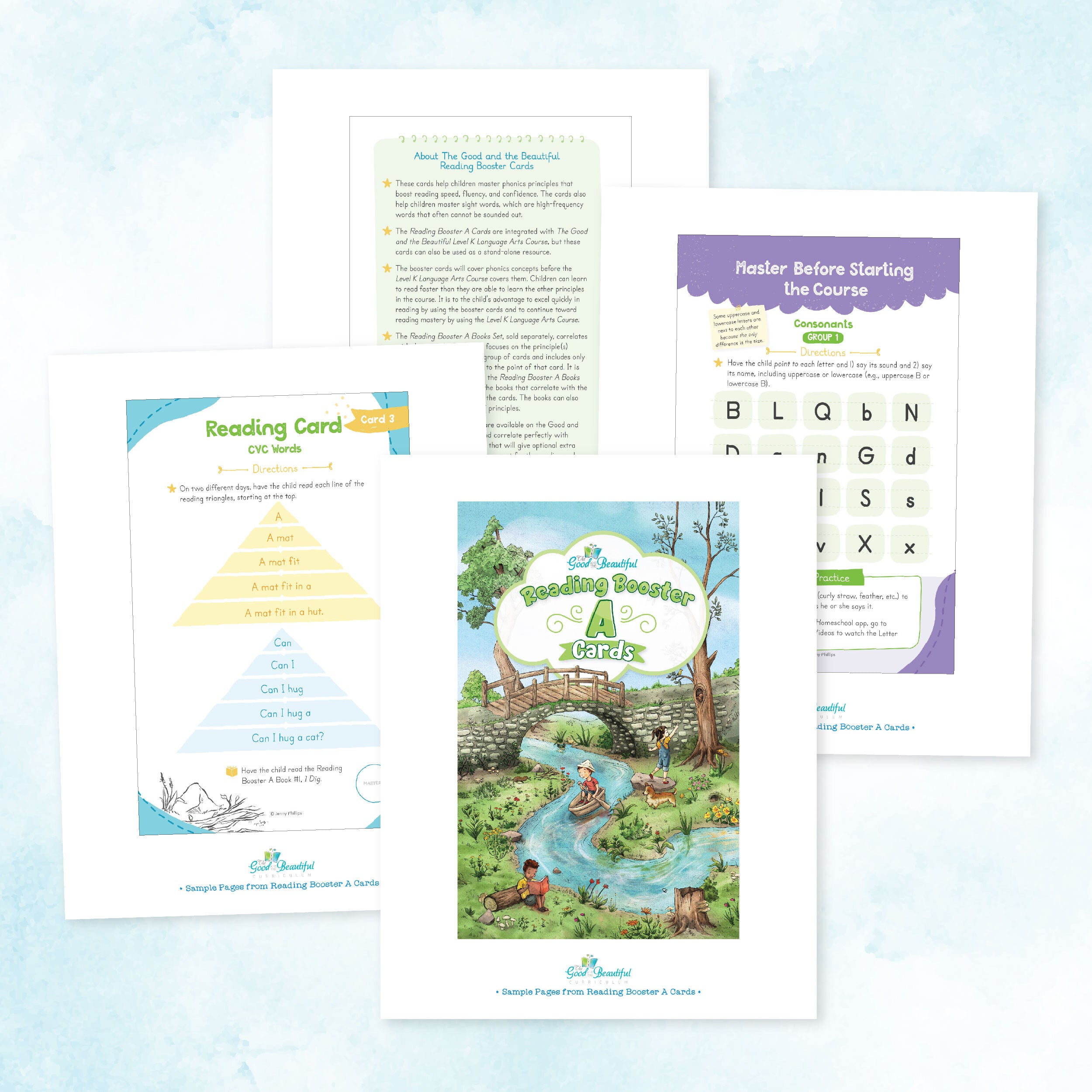 A collage of pages from the Reading Booster A Cards | The Good and the Beautiful