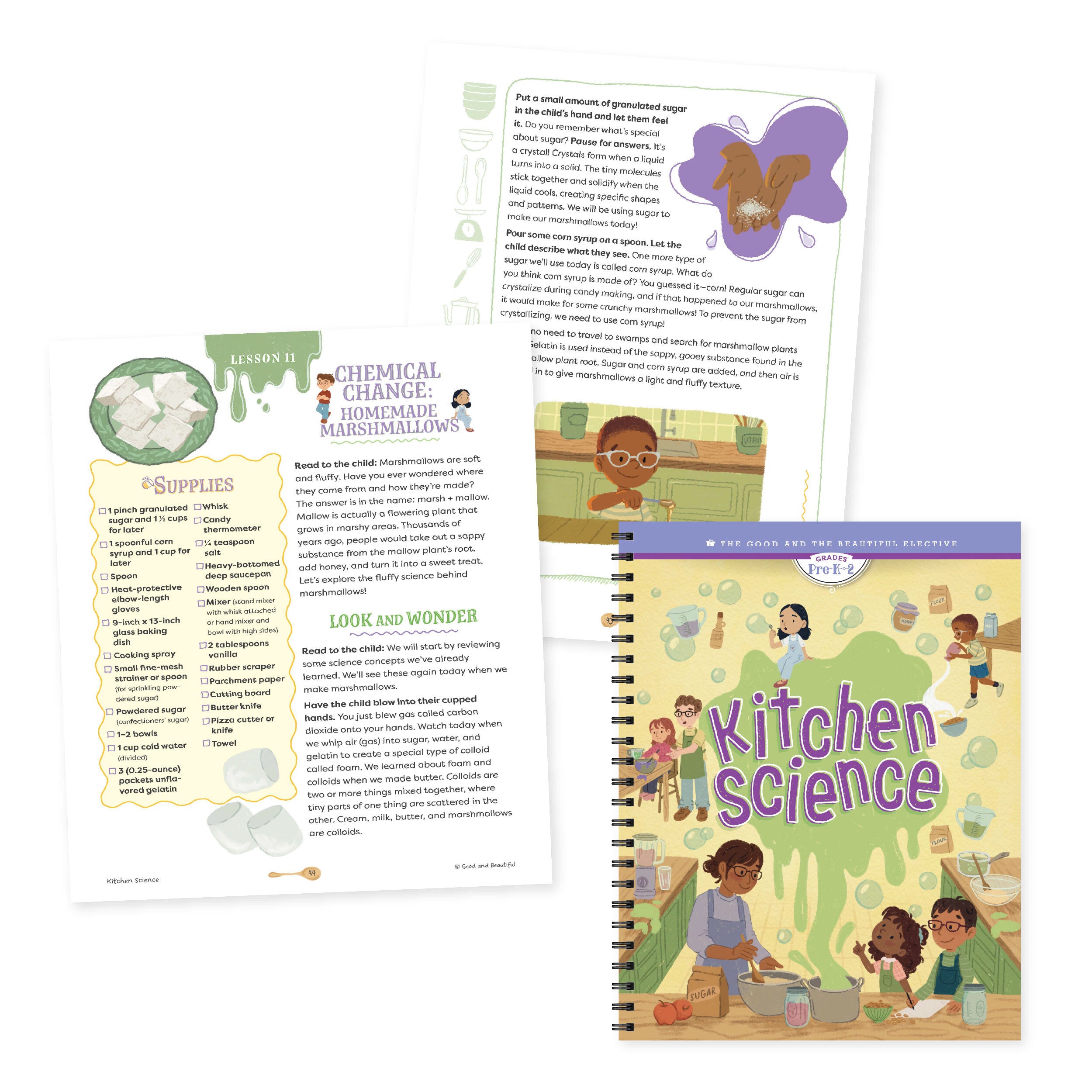 A collage of the Kitchen Science course book with pages from the Homemade Marshmallows lesson | The Good and the Beautiful