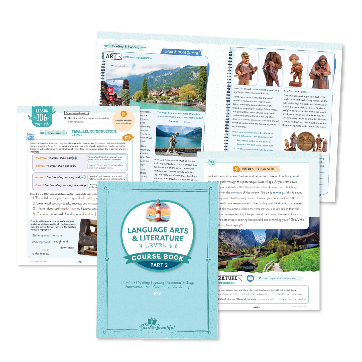 A collage of Language Arts & Literature level four course book part two with pages from lesson 106 | The Good and the Beautiful