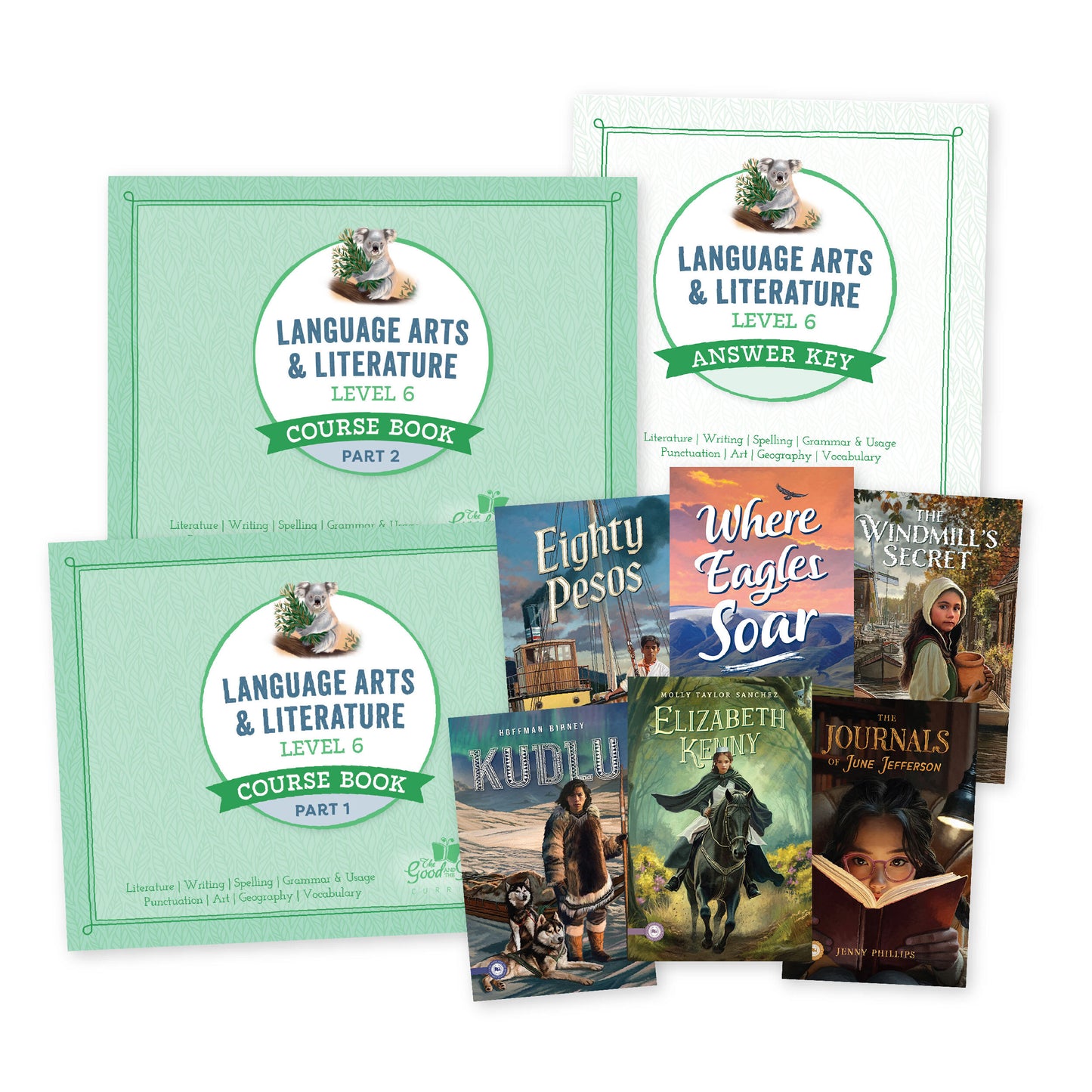 A collage of the language arts level 6 course set materials | The Good and the Beautiful