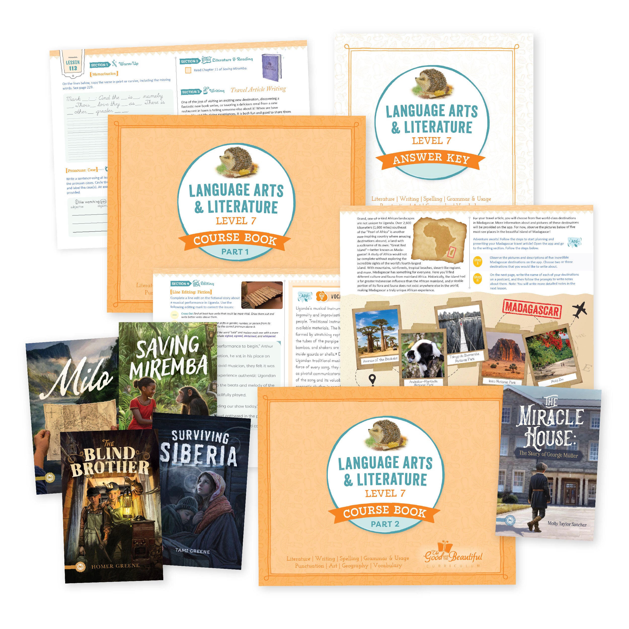 A collage of course books, materials, and sample pages from language arts level 7 | The Good and the Beautiful