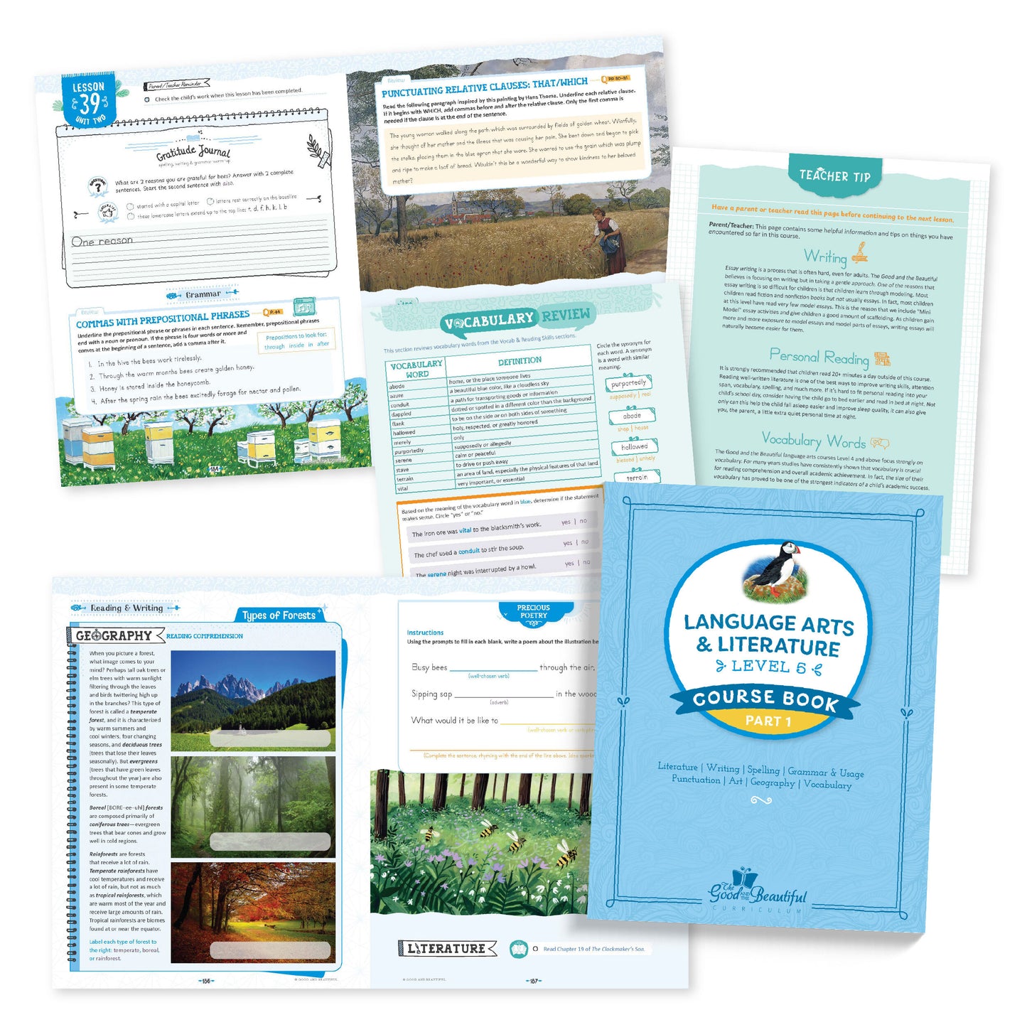 A collage of the Language Arts level 5 course materials | The Good and the Beautiful