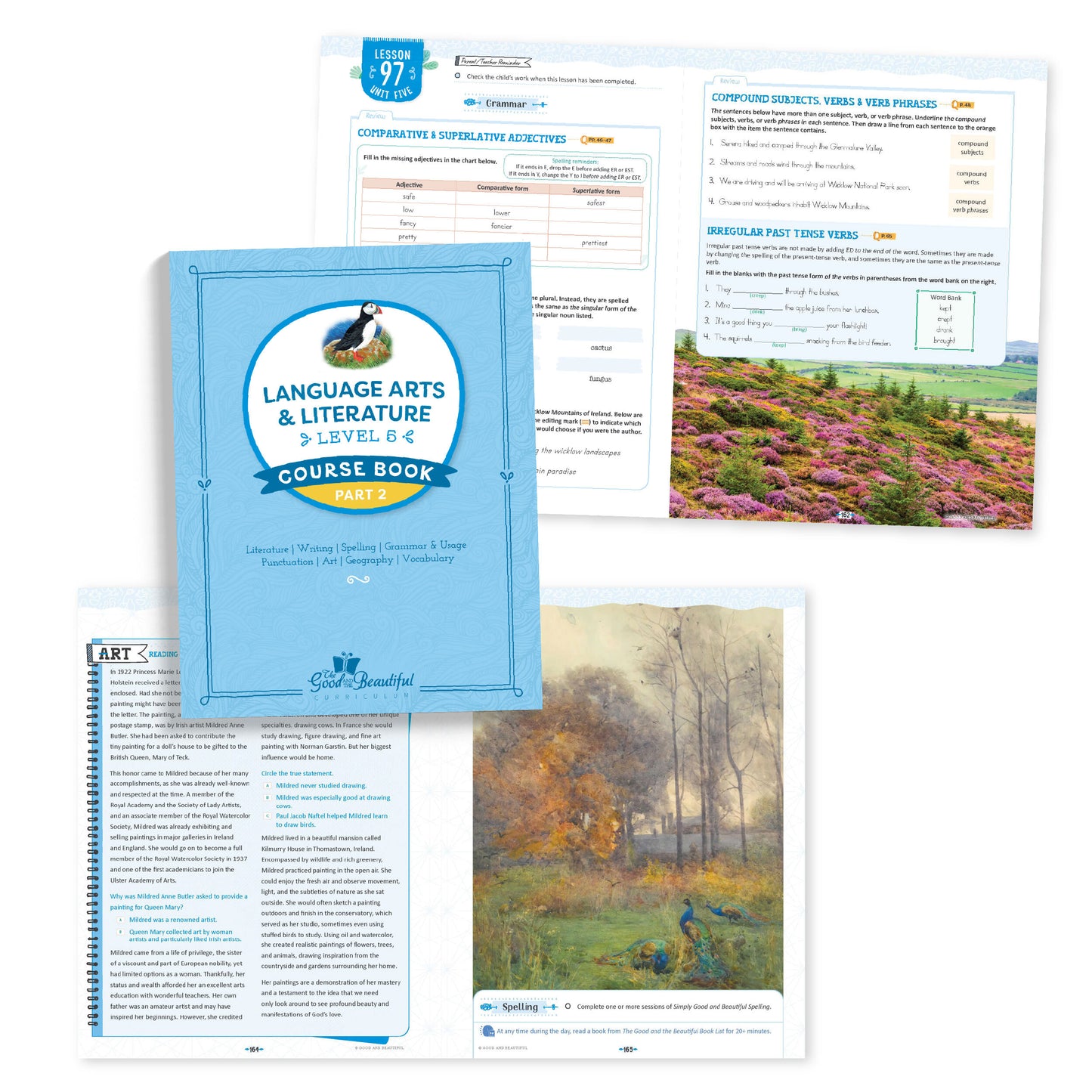 A collage of the level 5 language arts course book and pages | The Good and the Beautiful