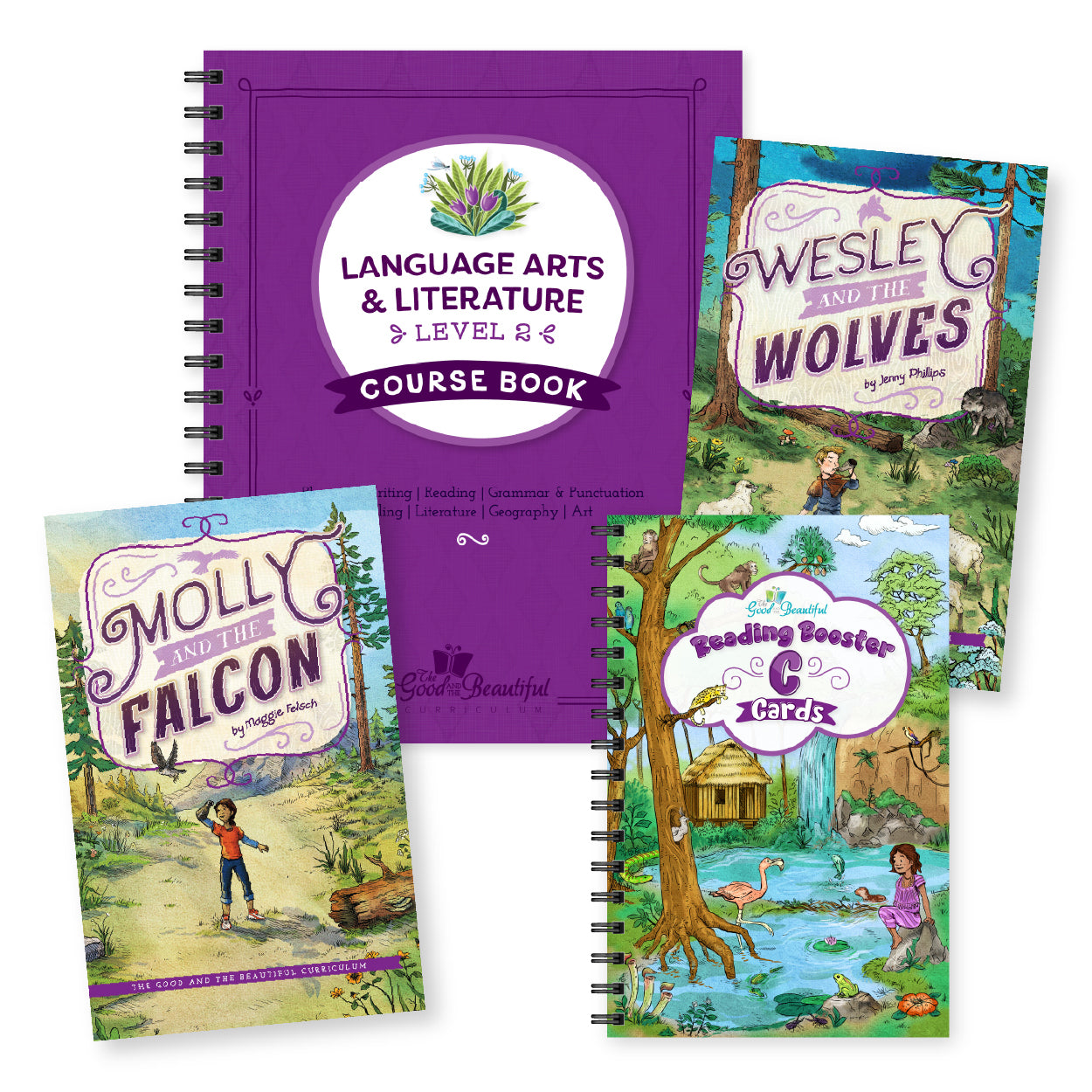 A collage of the level 2 language arts course book, reading books, and booster cards | The Good and the Beautiful