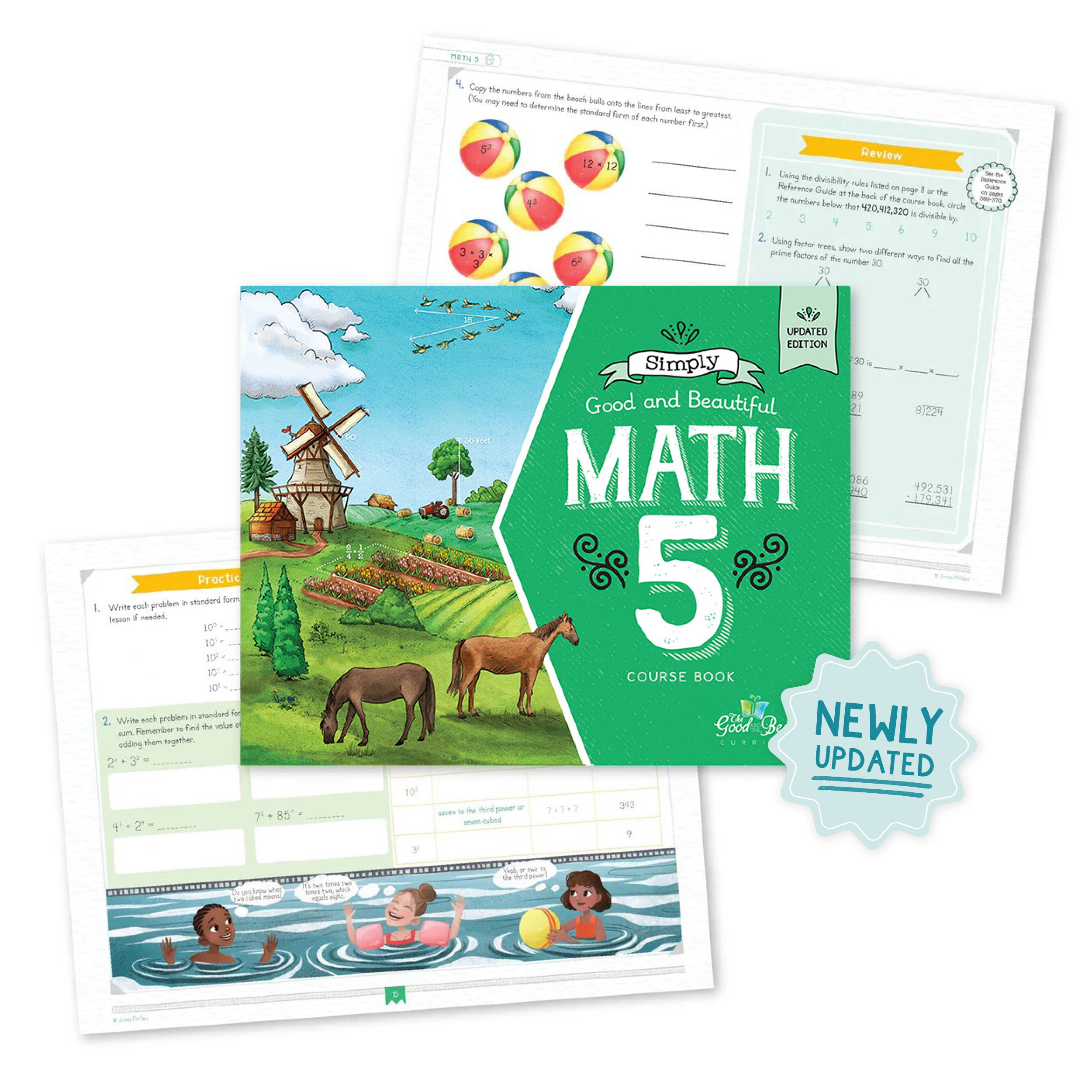 The course book cover of Math 5 with two sample pages and a sticker that says "Newly Updated" | The Good and the Beautiful