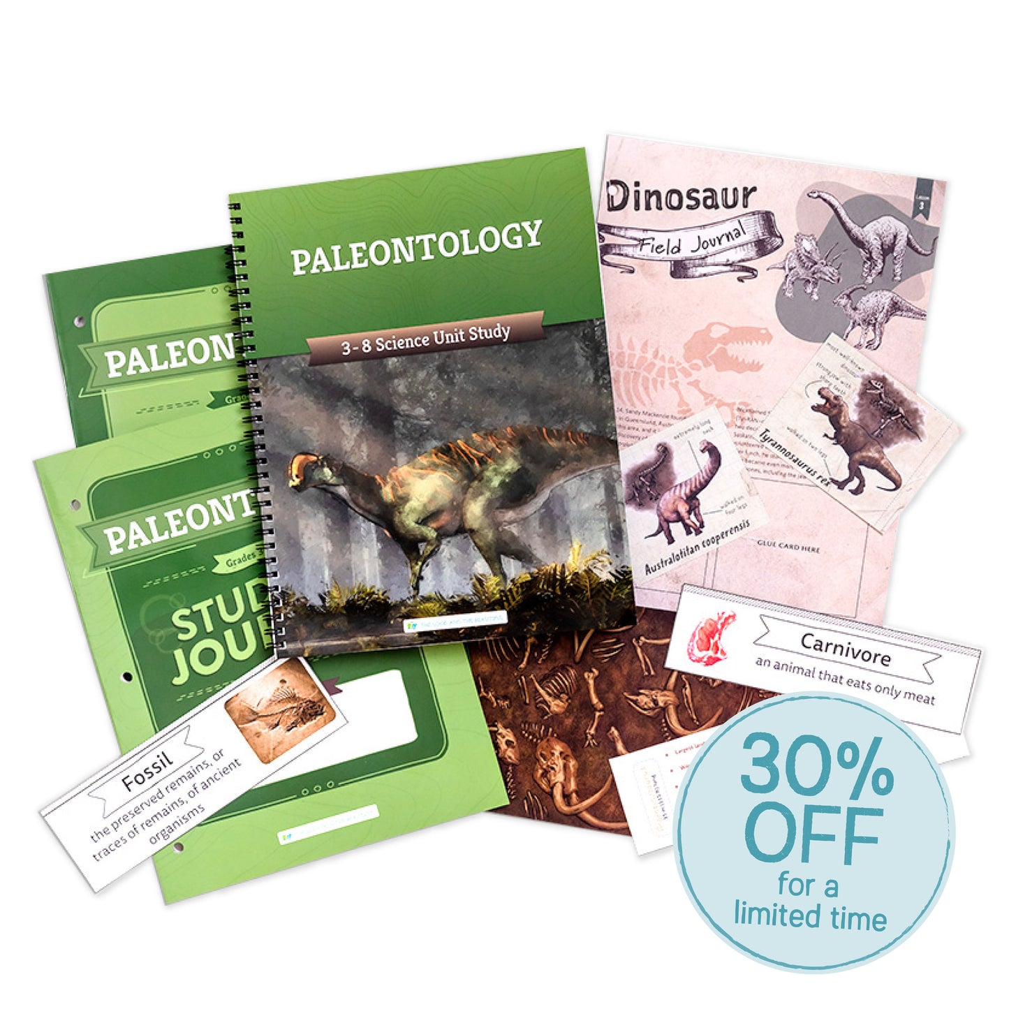 A collage of the Paleontology Science Unit Study with the sticker 30% off for a limited time | The Good and the Beautiful