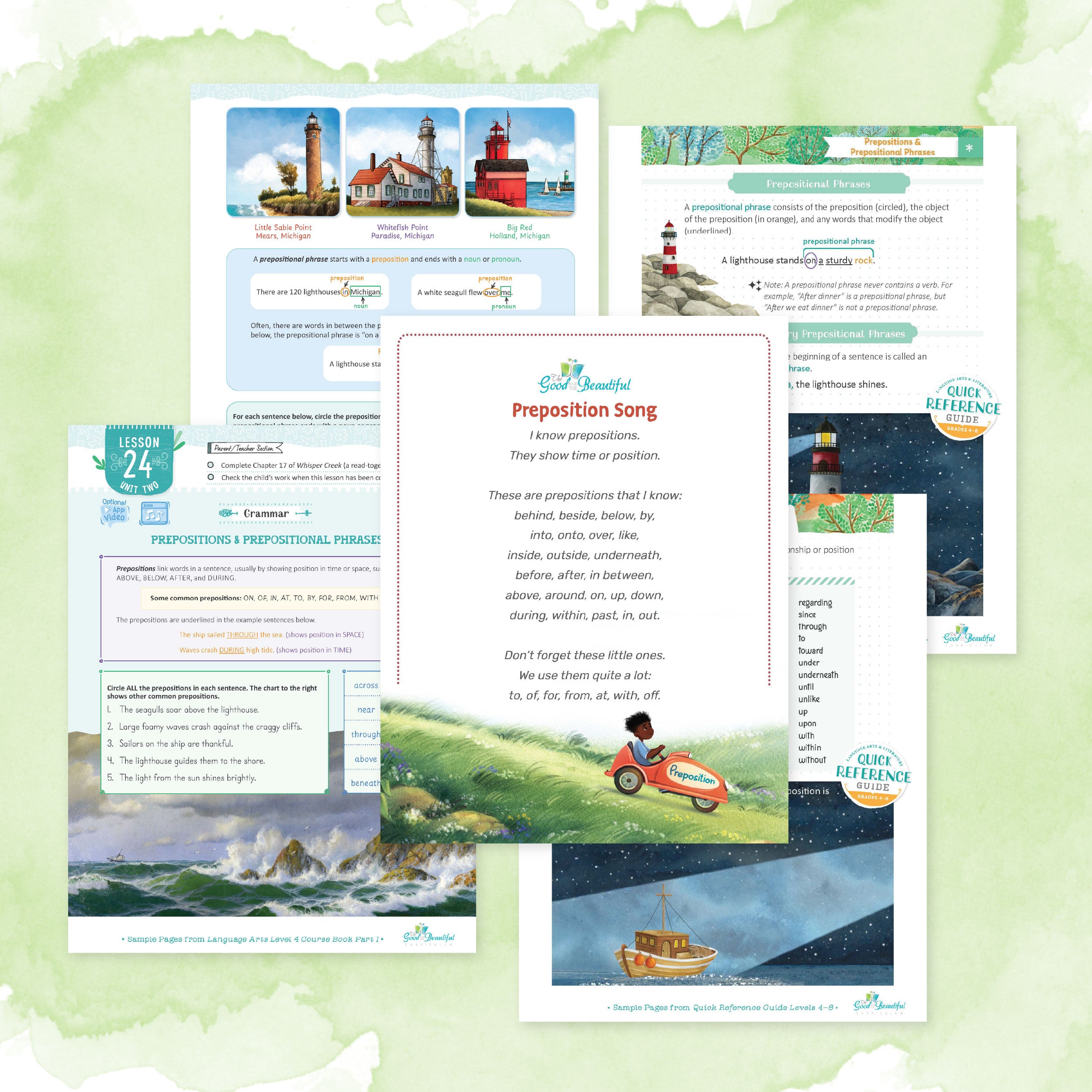 A collage of pages including the preposition song and lesson 24 on prepositions | The Good and the Beautiful