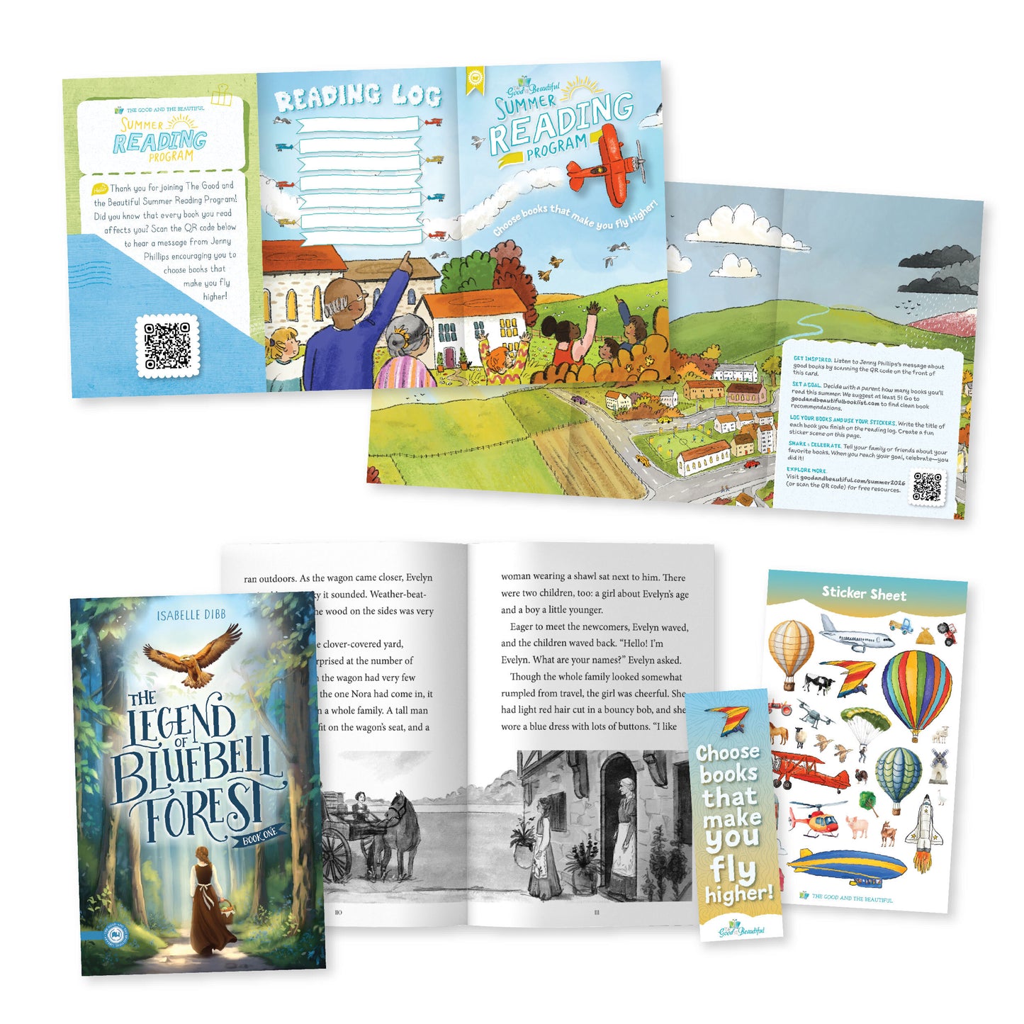 A collage of materials for the Summer Reading Program with the book "The Legend of Bluebell Forest" | The Good and the Beautiful