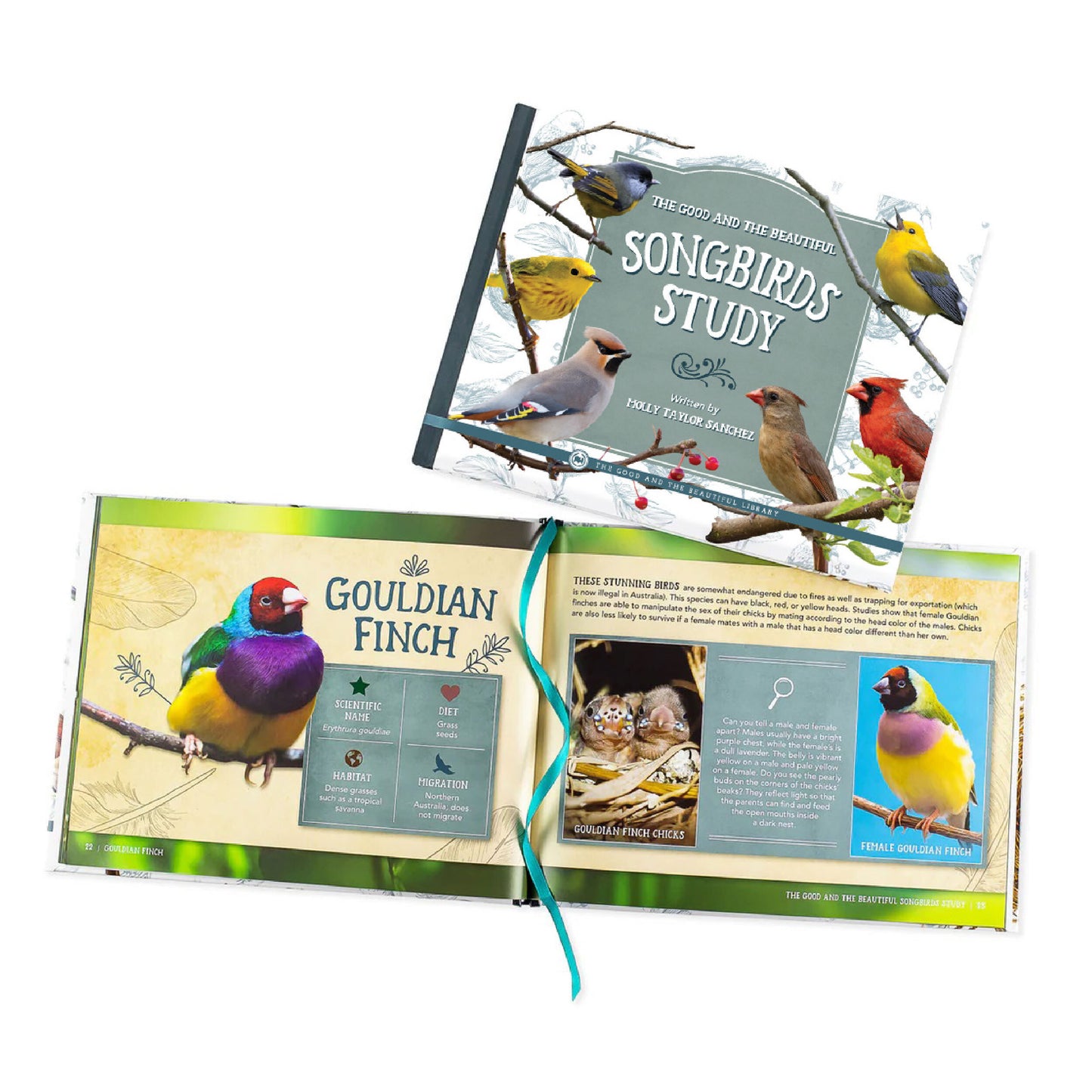 The cover of the songbirds study book with an open look inside the book including pages about the Gouldian Finch | The Good and the Beautiful