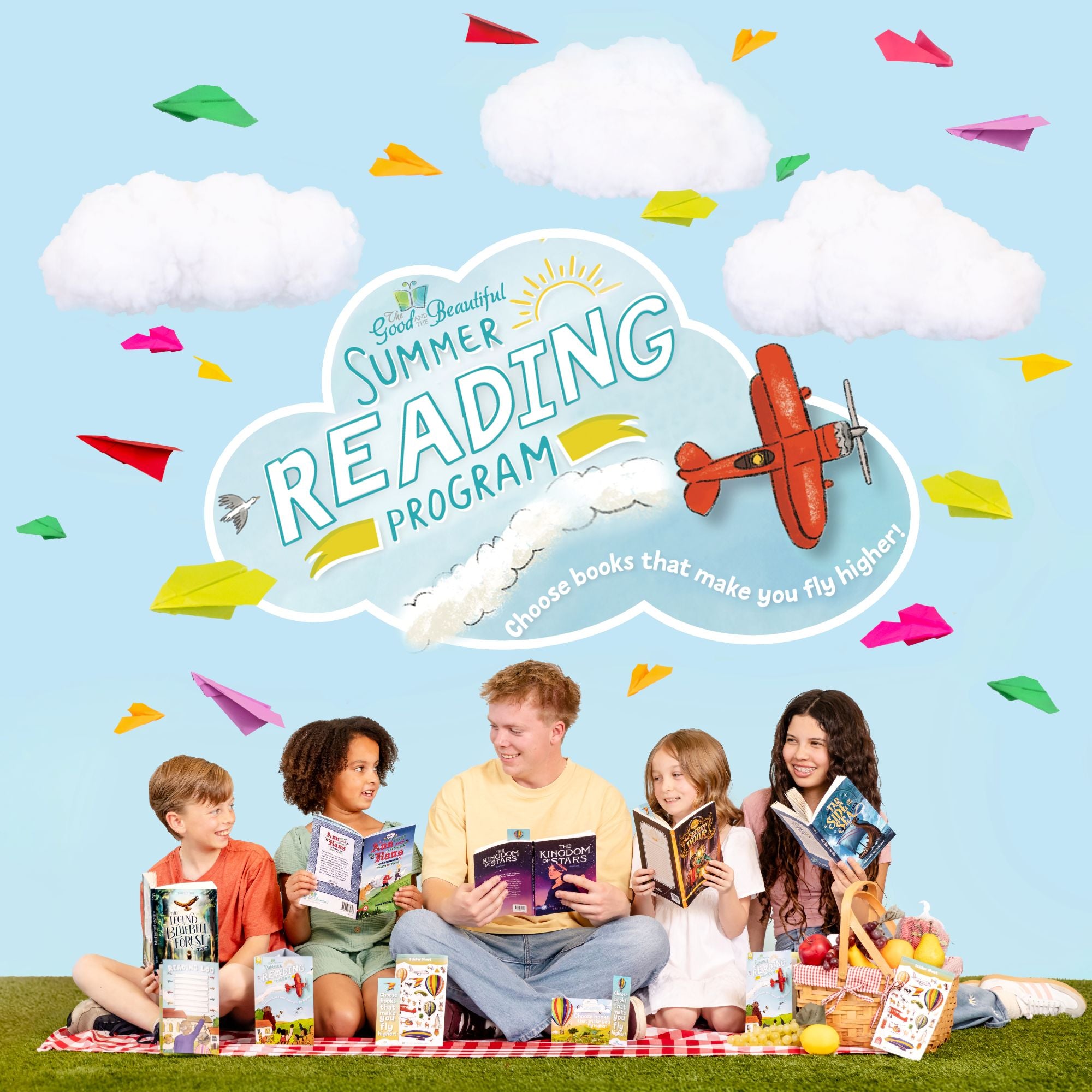 Five kids sitting on a picnic blanket and reading books with the above text "Summer Reading Program" | The Good and the Beautiful