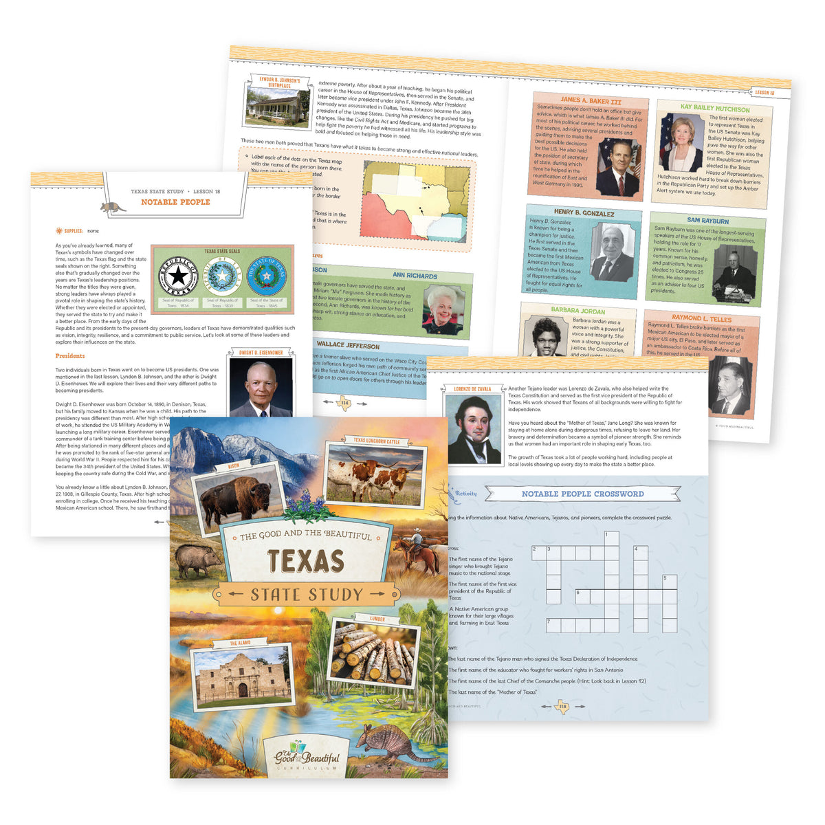A collage of the Texas State Study course cover and sample pages | The Good and the Beautiful