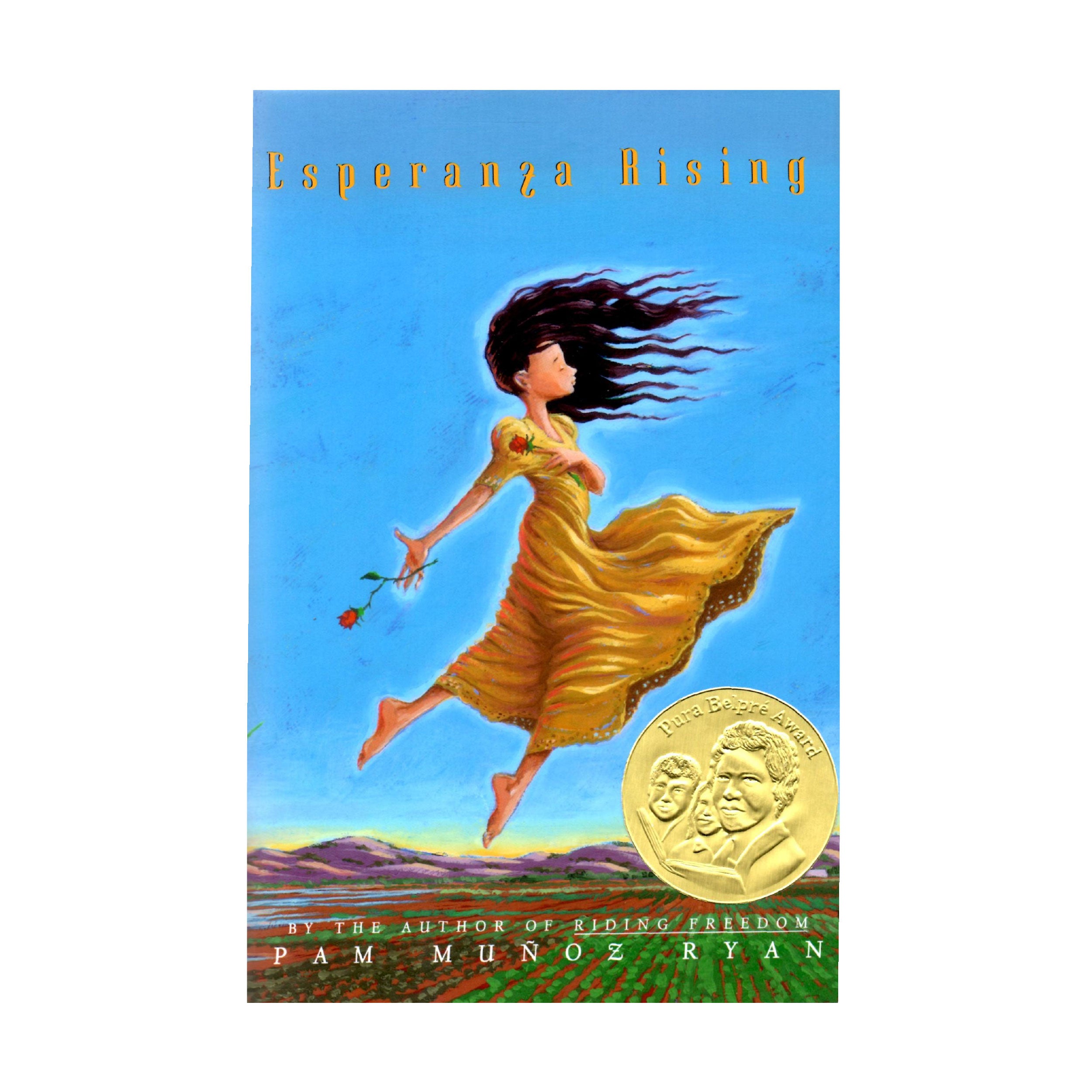 An illustrated book cover of a girl in a yellow dress floating in the air above a field while she lets go of a red rose behind her | The Good and the Beautiful