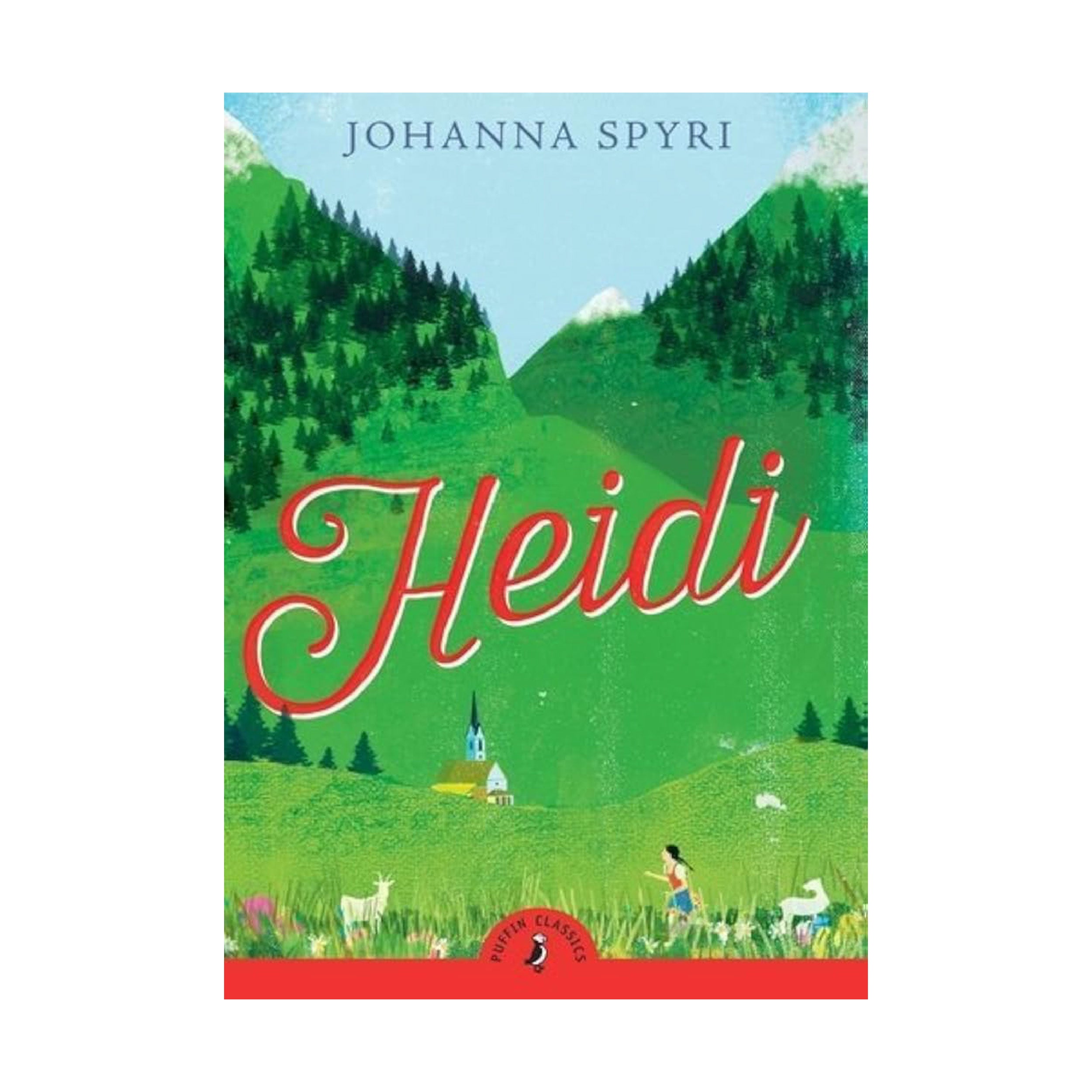 An illustrated book cover of green hilly land occupied by a church, a girl who is running, and goats | The Good and the Beautiful