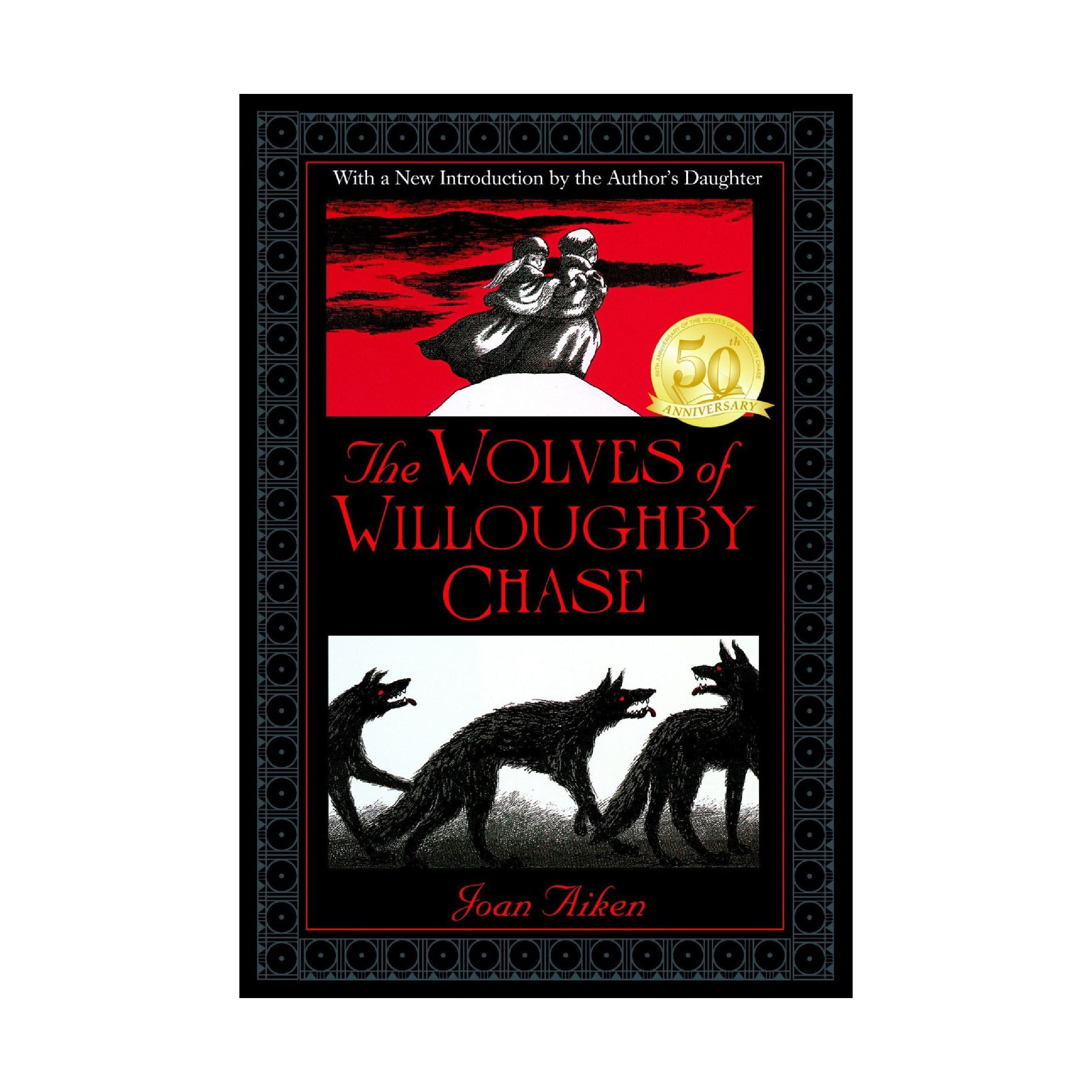 An illustrated book cover in black, white, and red showing two children standing at the top of a hill and three mean wolves | The Good and the Beautiful
