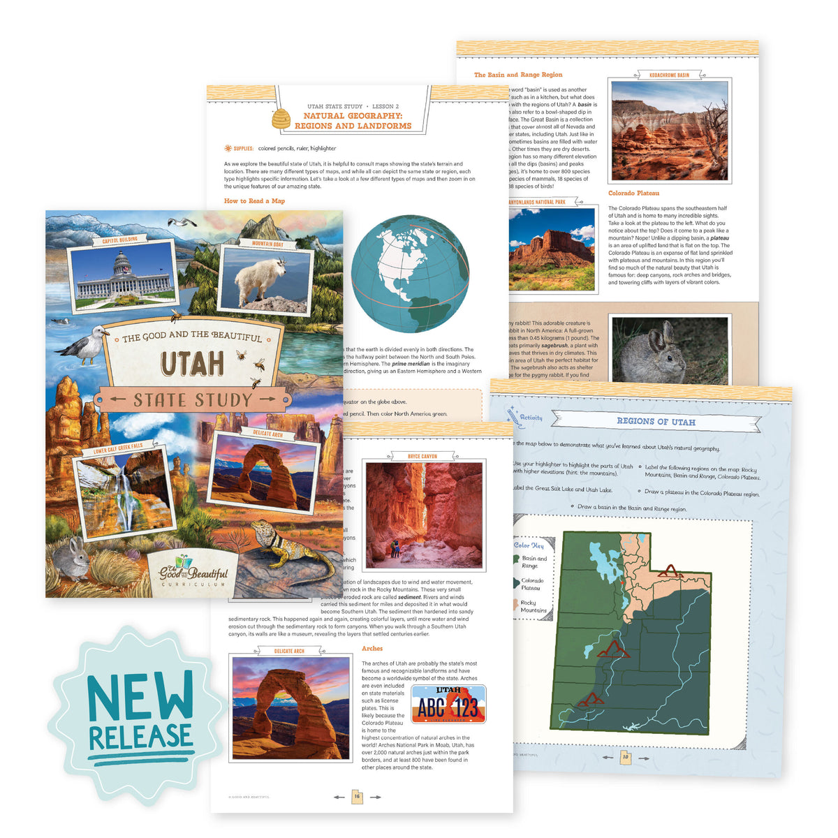 A collage of the Utah State Study course cover and sample pages with a "New Release" sticker | The Good and the Beautiful