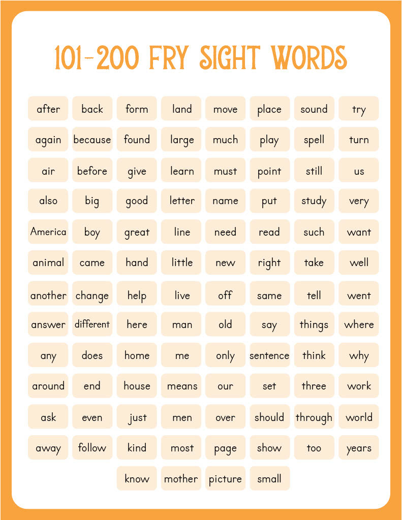 List of 101-200 Fry sight words on a white background with an orange border  | The Good and the Beautiful