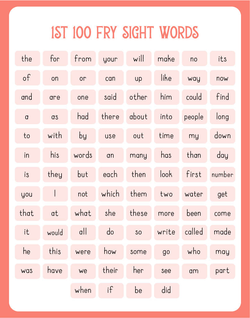 Sheet of 1st 100 Fry sight words with a pink border  | The Good and the Beautiful