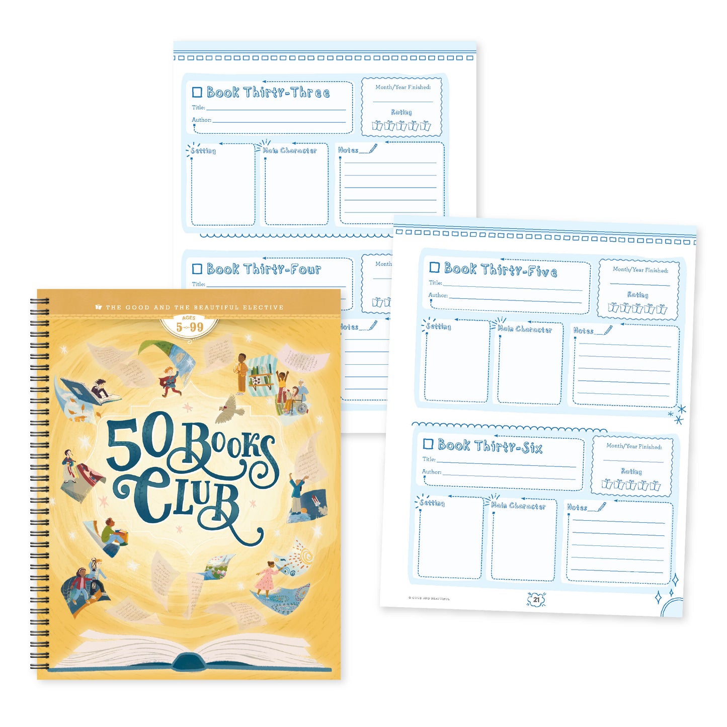 The cover of the spiral bound "50 Books Club" elective for ages 5-99 and a preview of the inside pages | The Good and the Beautiful