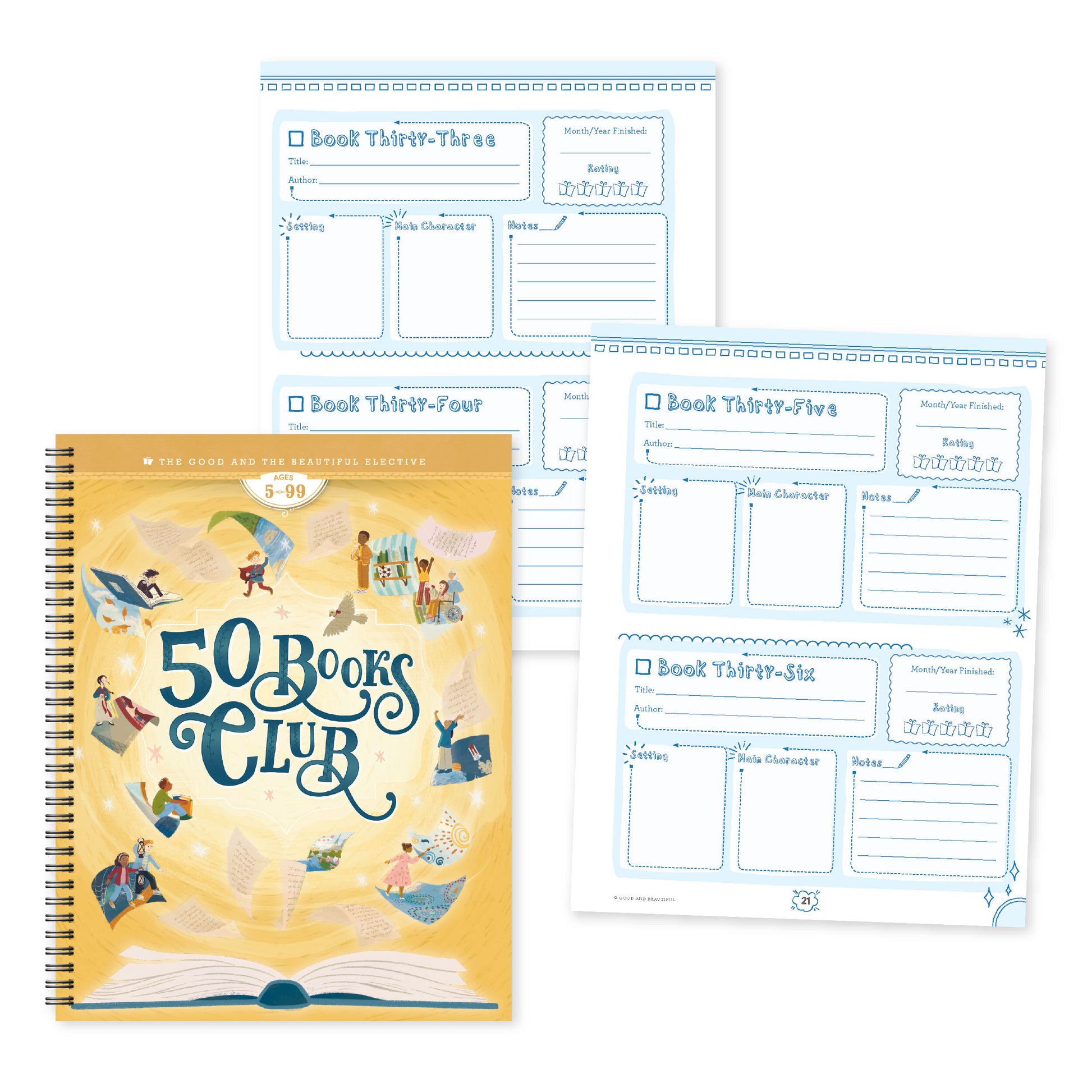 The cover of the spiral bound "50 Books Club" elective for ages 5-99 and a preview of the inside pages | The Good and the Beautiful