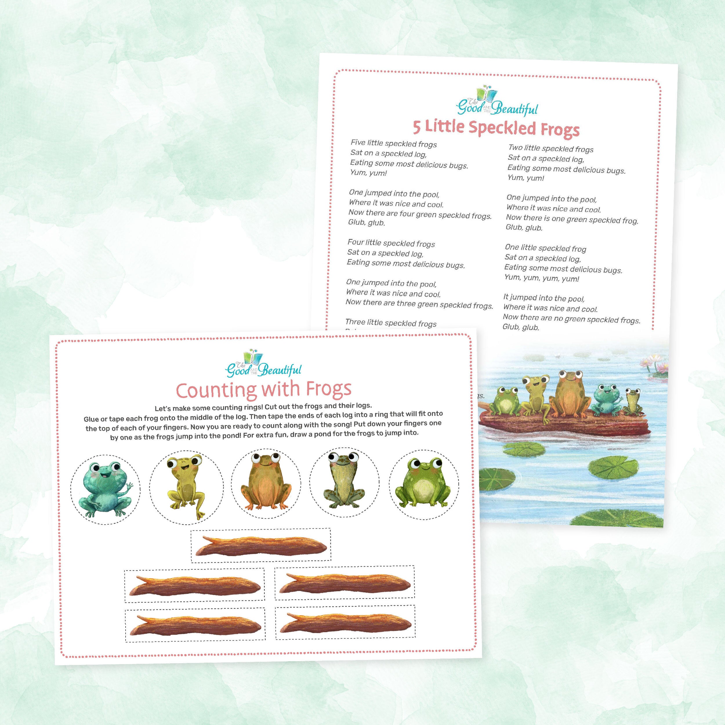 Two pages of frog activity and song sheets | The Good and the Beautiful