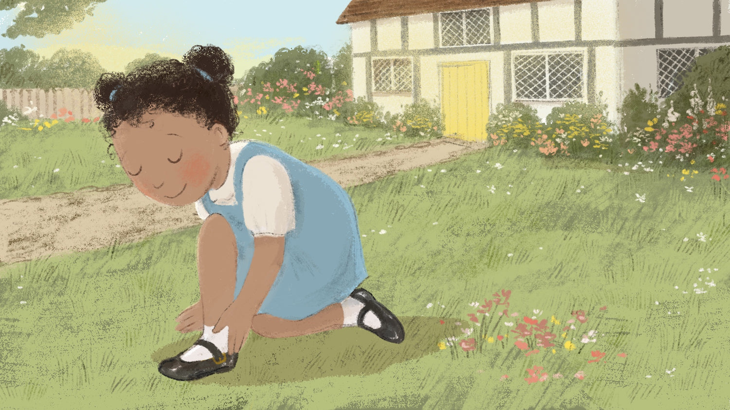 Illustration of girl buckling shoe