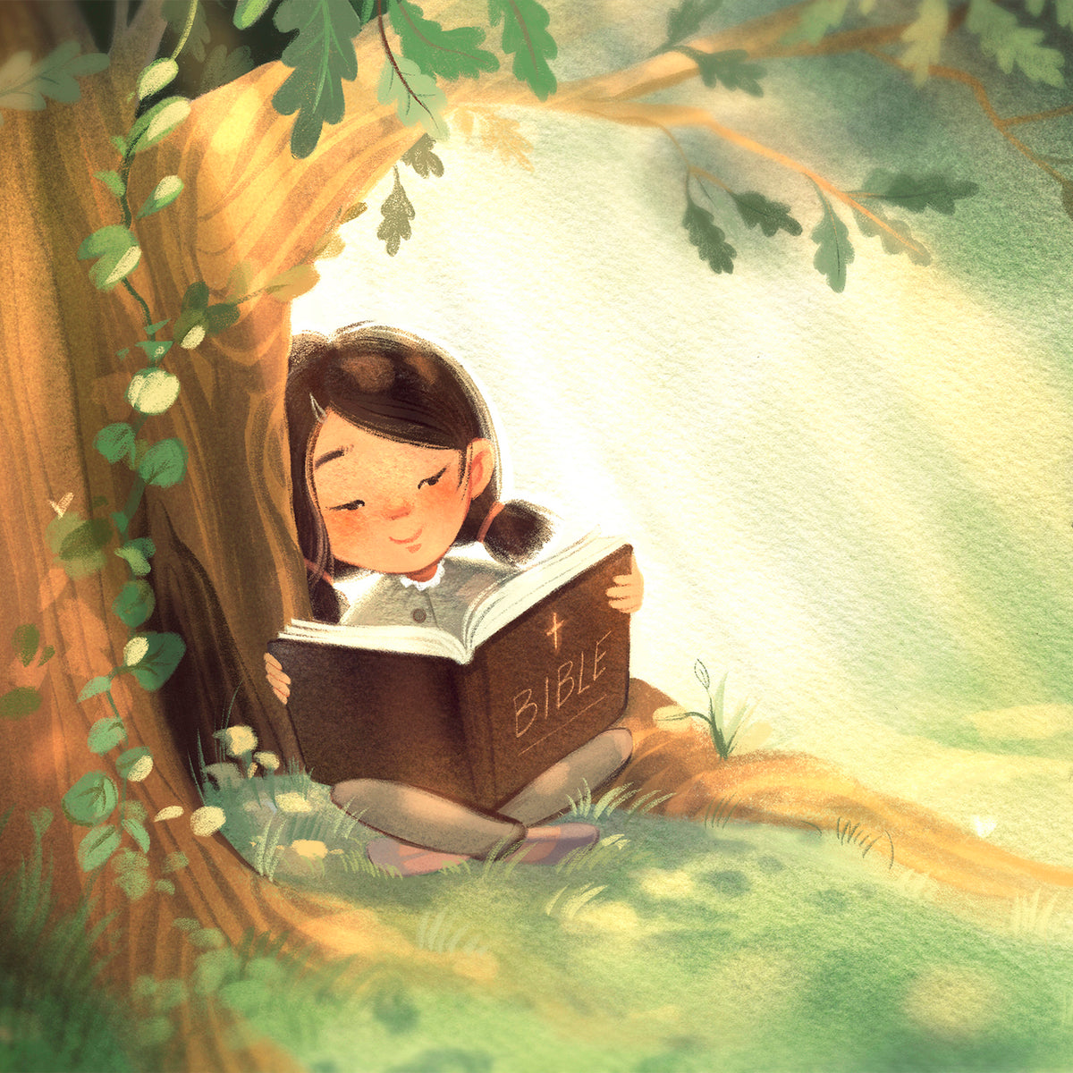 Illustration of a child reading a Bible under a tree