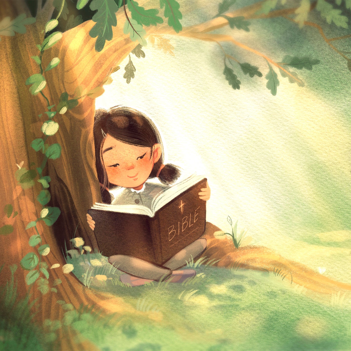 Illustration of a child reading a Bible under a tree
