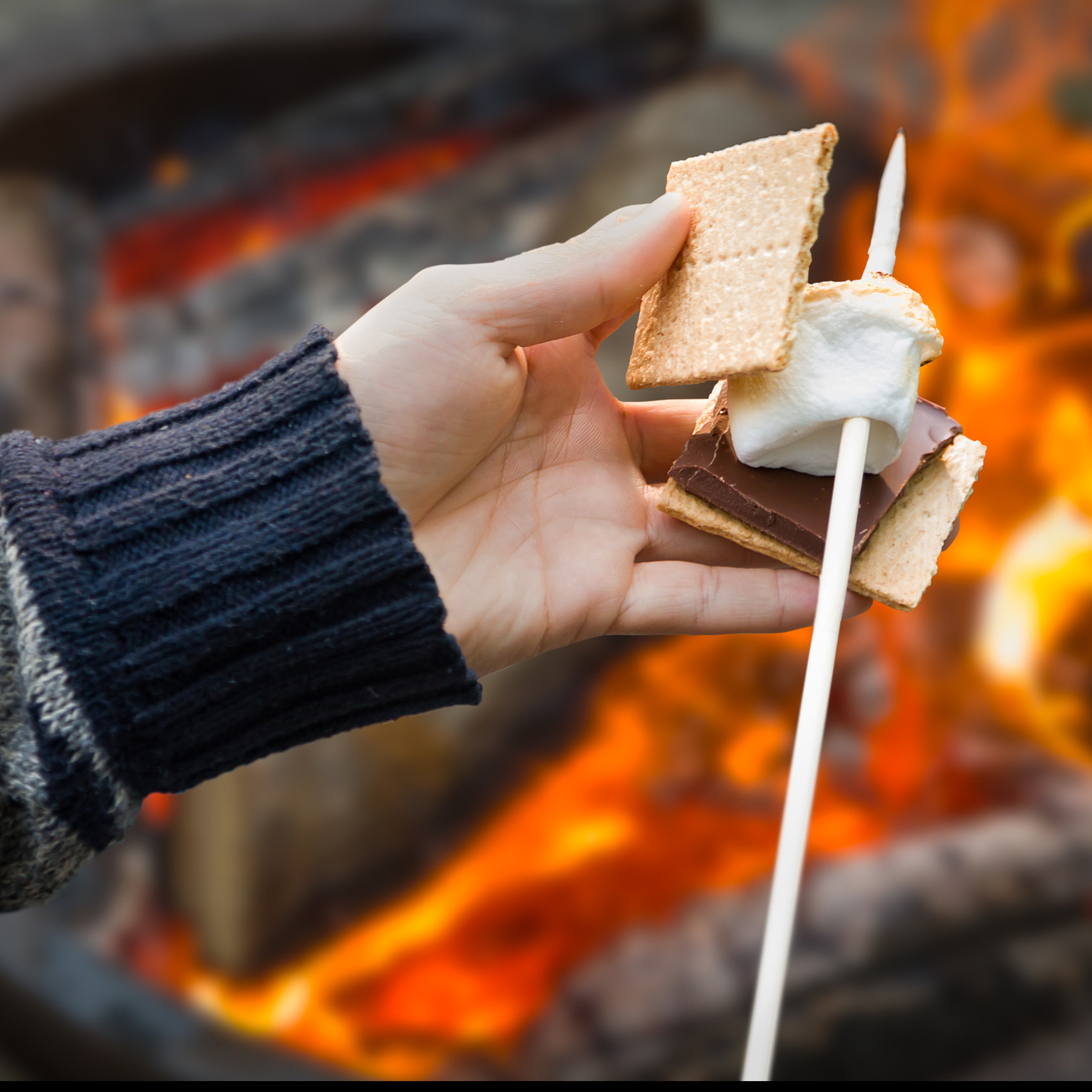 Hand holding a s'more over a campfire