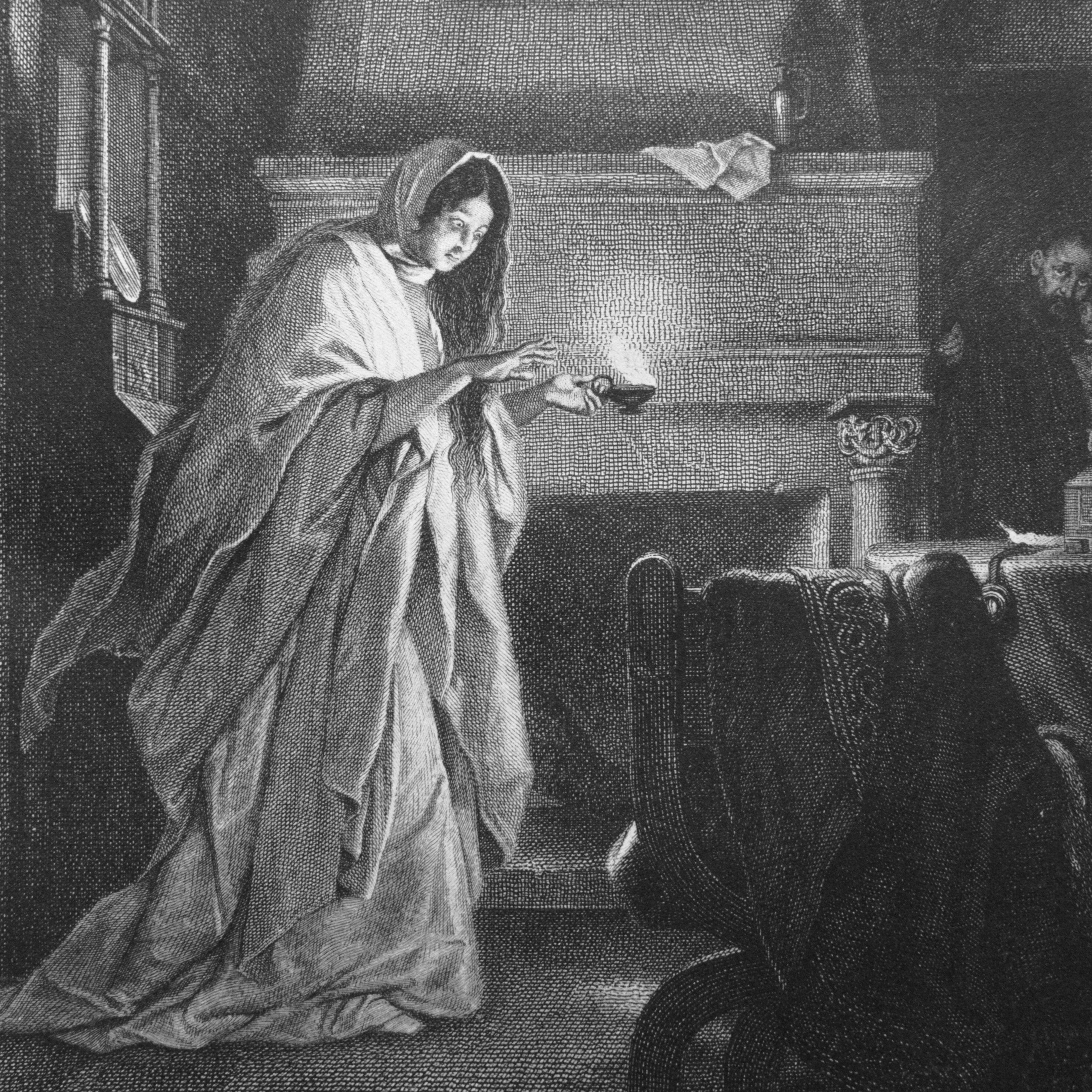 A black and white photo of Lady MacBeth carrying a candle | The Good and the Beautiful