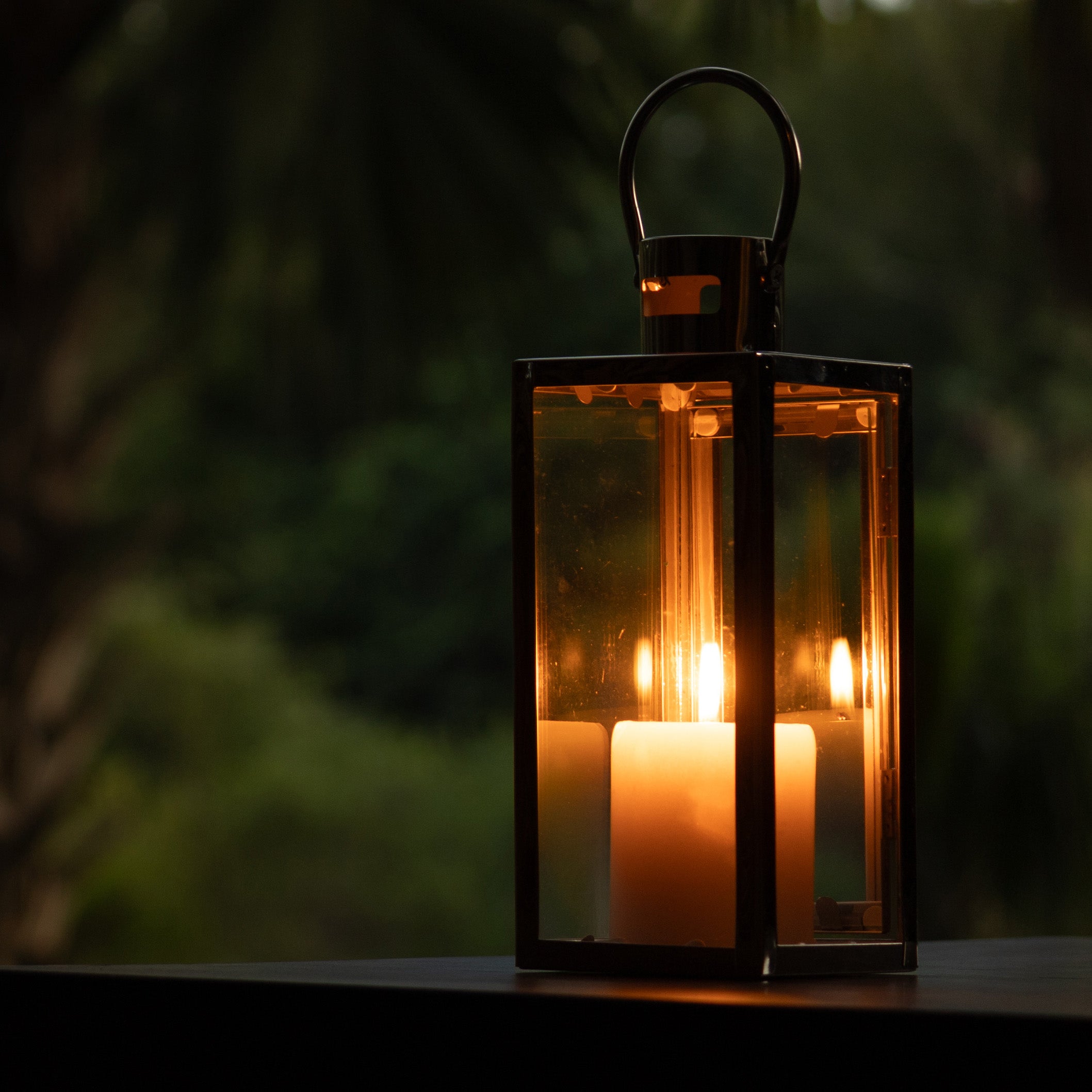 Decorative lantern with candles inside against a blurred green background