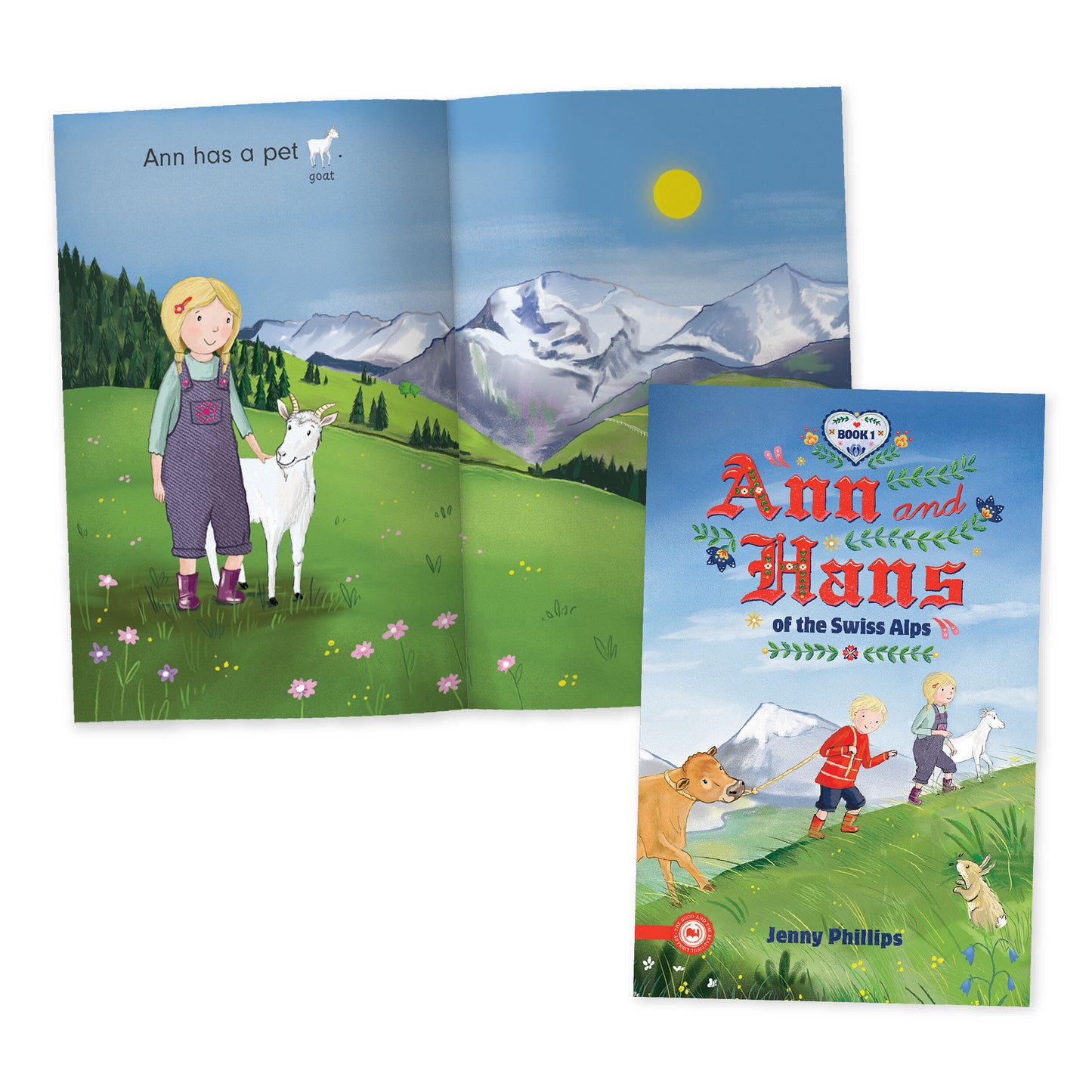 The cover of "Ann and Hans of the Swiss Alps" book one by Jenny Phillips with a preview of the inside pages | The Good and the Beautiful