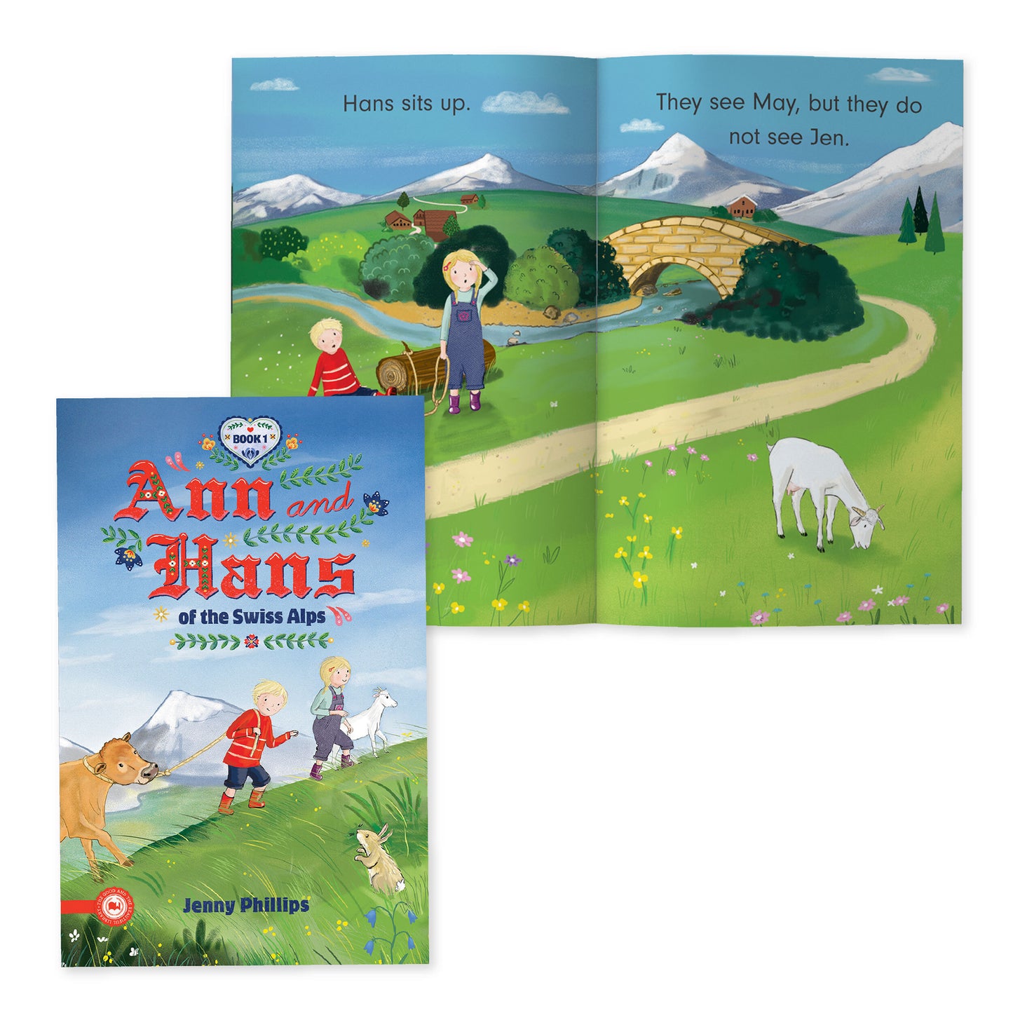 The cover of "Ann and Hans of the Swiss Alps" book one by Jenny Phillips and a preview of pages | The Good and the Beautiful