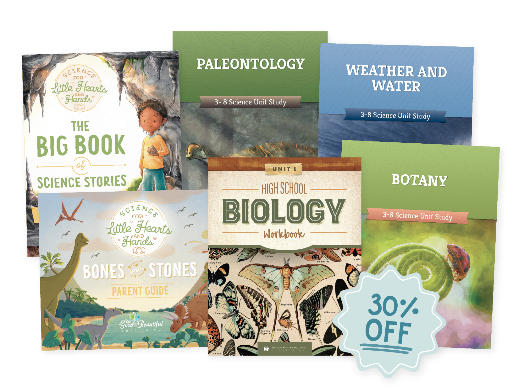 A collage of science unit books with a 30% off sticker | The Good and the Beautiful