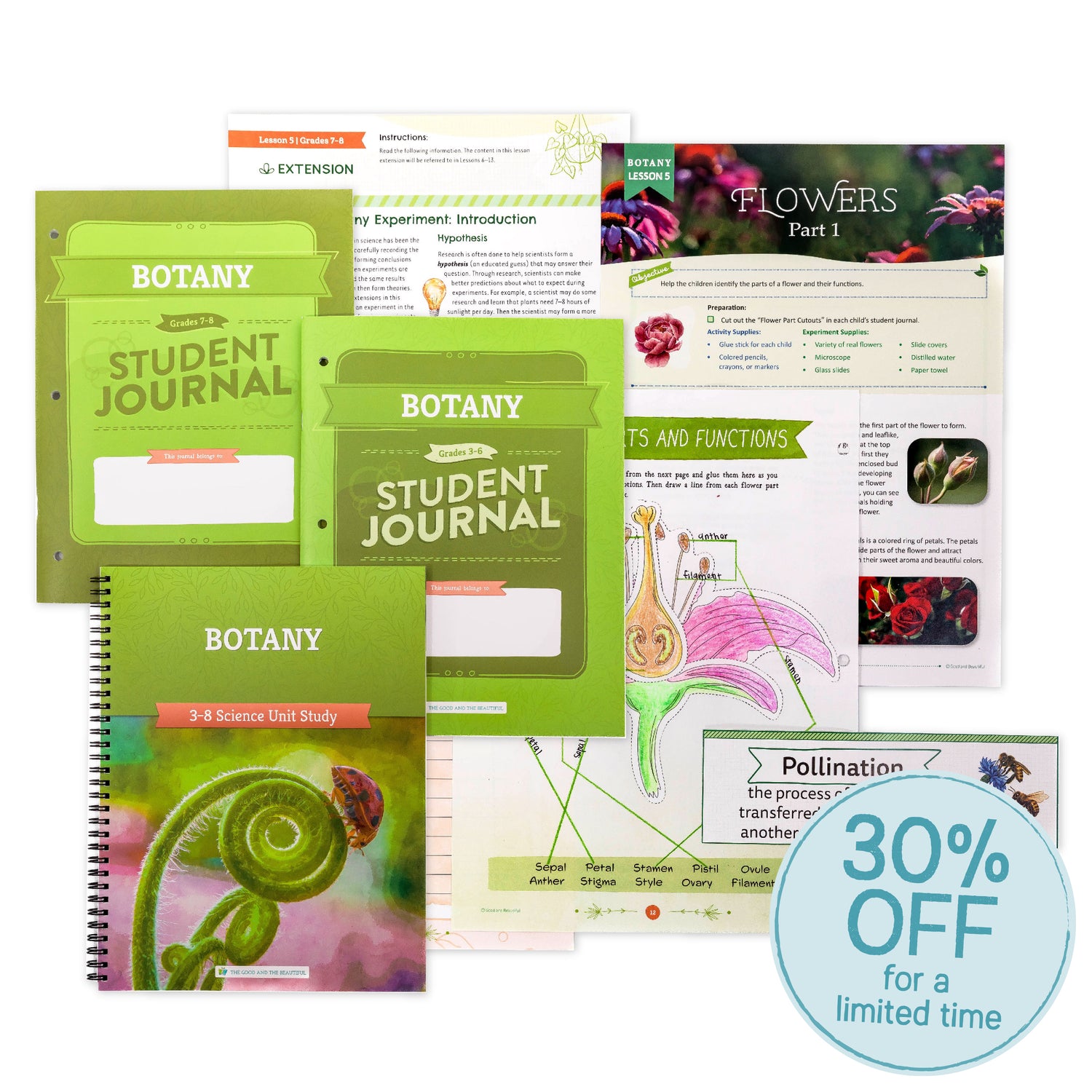 A collage of the Botany Science Unit Study with the sticker 30% off for a limited time | The Good and the Beautiful
