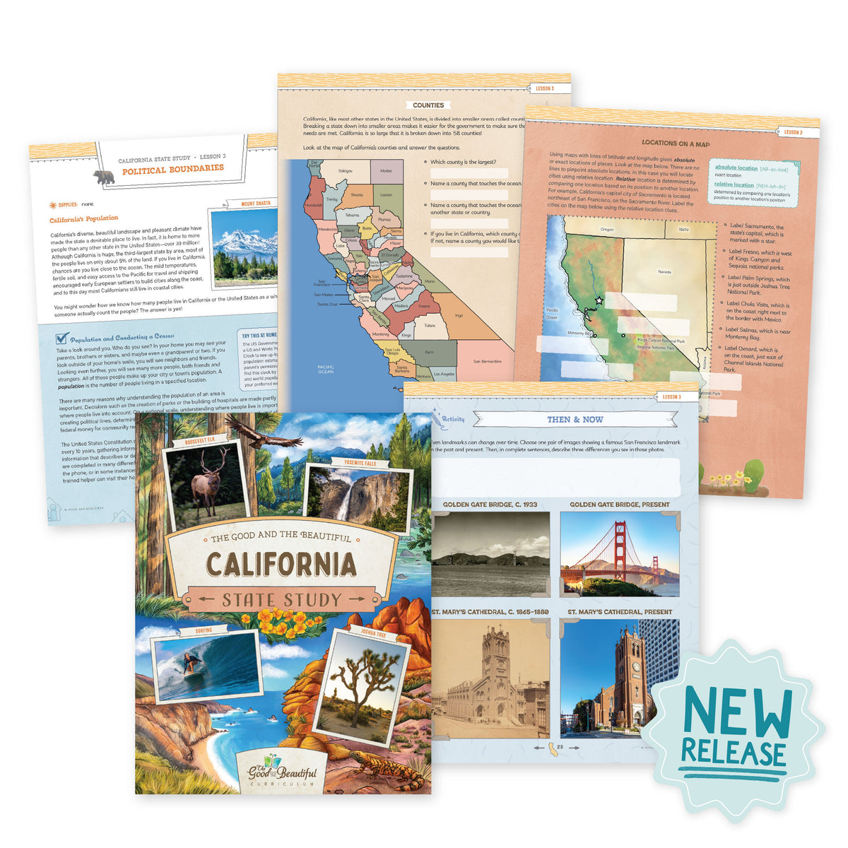 A collage of the California State Study cover and sample pages with a "New Release" sticker | The Good and the Beautiful