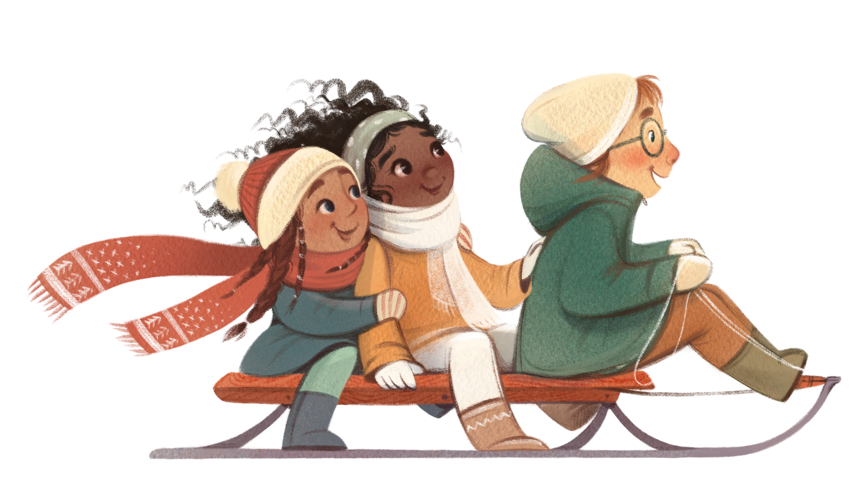 An illustrated image of three kids on a sled with hats and scarves on | The Good and the Beautiful